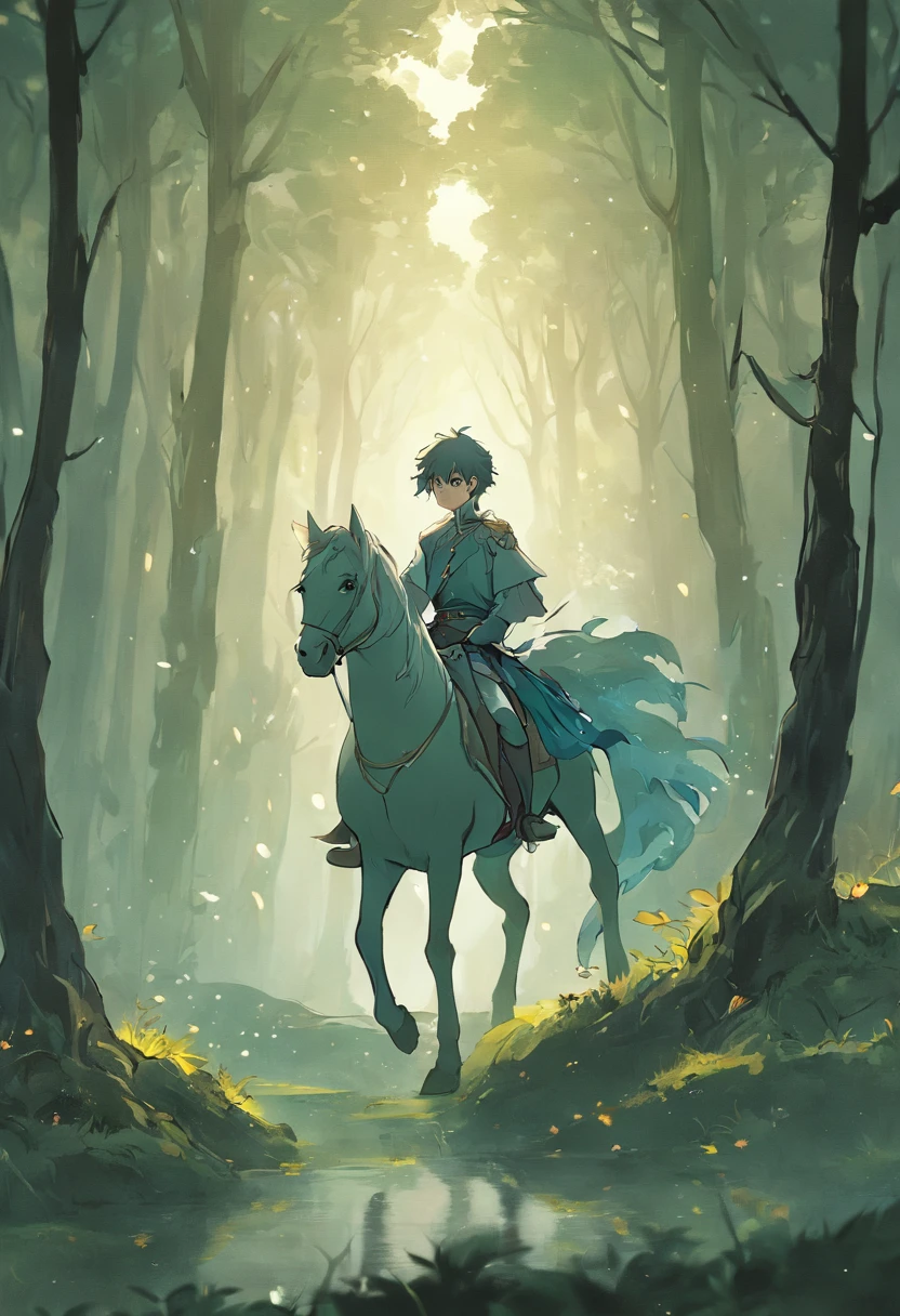 The prince rode on horseback，Facing the mysterious forest。He looked determined，Get ready to embark on an adventure。The forest is surrounded by mysterious lights and misty trees。