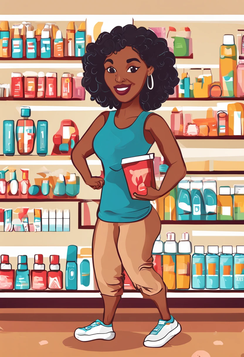 there is a black woman with curly and short hair, brazilian ethnicity, brunette latina, brazilian, cartoon of a woman, everyday clothes, cartoon character, vector, behaved clothes, normal body, average body, vector, vector flat art, holding a shampoo bottle, art in vector style, vector art style, vector adobe illustrator, girl holding a bottle of shampoo, inside a cosmetics store, cosmetics shop, shop interior, shelf background with cosmetic products, vector illustration , cartoon, cute art style, cartoon vector art style, cute vector art, shampoo themed girl, cute girl vector drawing