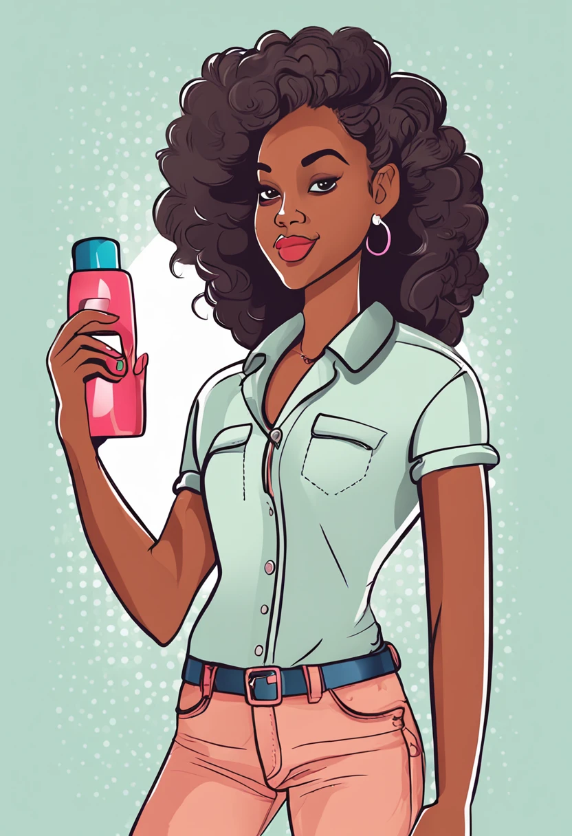 there is a black woman with curly and short hair, brazilian ethnicity, brunette latina, brazilian, cartoon of a woman, everyday clothes, cartoon character, vector, behaved clothes, normal body, average body, vector, vector flat art, holding a shampoo bottle, art in vector style, vector art style, vector adobe illustrator, girl holding a bottle of shampoo, inside a cosmetics store, cosmetics shop, shop interior, shelf background with cosmetic products, vector illustration , cartoon, cute art style, cartoon vector art style, cute vector art, shampoo themed girl, cute girl vector drawing