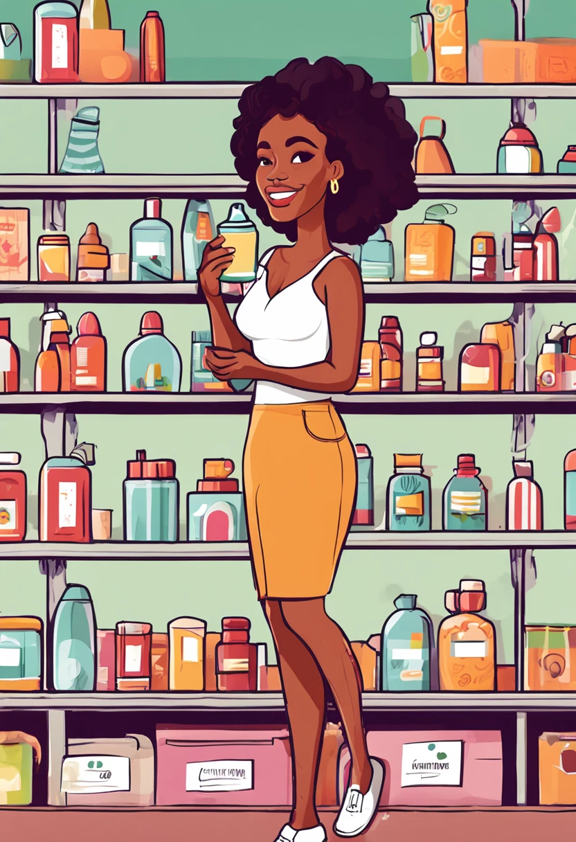 there is a black woman with curly and short hair, brazilian ethnicity, brunette latina, brazilian, cartoon of a woman, everyday clothes, cartoon character, vector, behaved clothes, normal body, average body, vector, vector flat art, holding a shampoo bottle, art in vector style, vector art style, vector adobe illustrator, girl holding a bottle of shampoo, inside a cosmetics store, cosmetics shop, shop interior, shelf background with cosmetic products, vector illustration , cartoon, cute art style, cartoon vector art style, cute vector art, shampoo themed girl, cute girl vector drawing