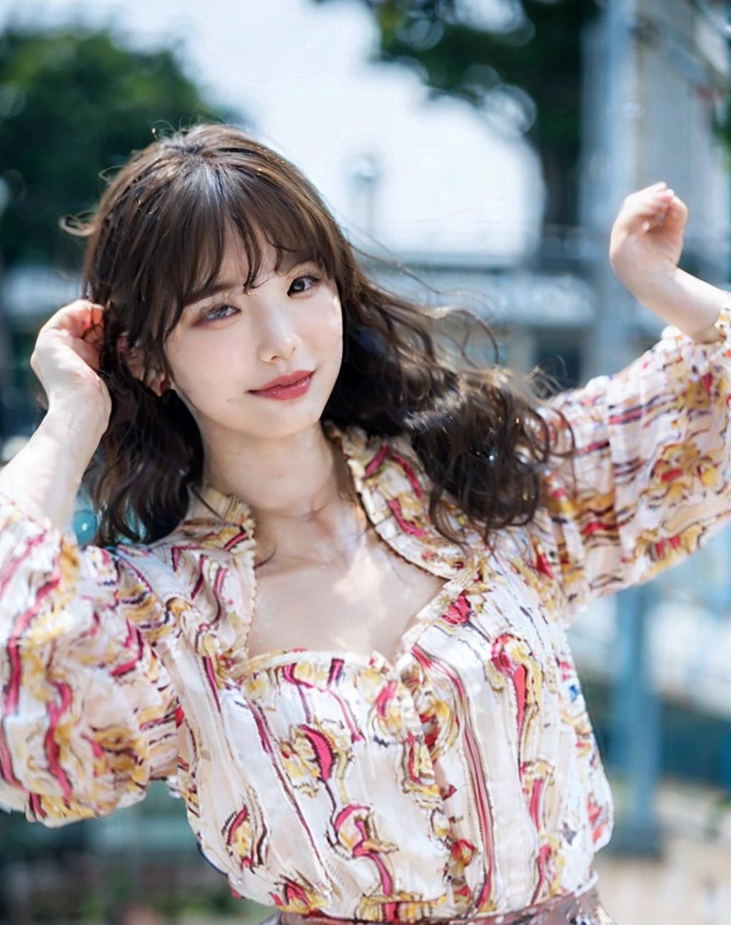 best quality, 1girl, (skindentation), (large breast), (day), bright, blur background, outdoor, (street:0.6), (people, crowds:1), (wavy hair:1.5), (blouse:1.5), gorgeous, (floating hair:1.5), (dynamic pose:0.8), soft lighting, wind, garden