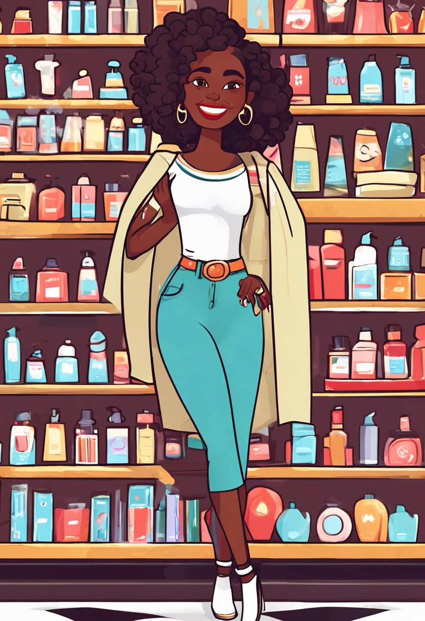 there is a black woman with curly and short hair, brazilian ethnicity, brunette latina, brazilian, cartoon of a woman, everyday clothes, cartoon character, vector, behaved clothes, normal body, average body, vector, vector flat art, holding a shampoo bottle, art in vector style, vector art style, vector adobe illustrator, girl holding a bottle of shampoo, inside a cosmetics store, cosmetics shop, shop interior, shelf background with cosmetic products, vector illustration , cartoon, cute art style, cartoon vector art style, cute vector art, shampoo themed girl, vector drawing of cute happy girl, smiling, happiness