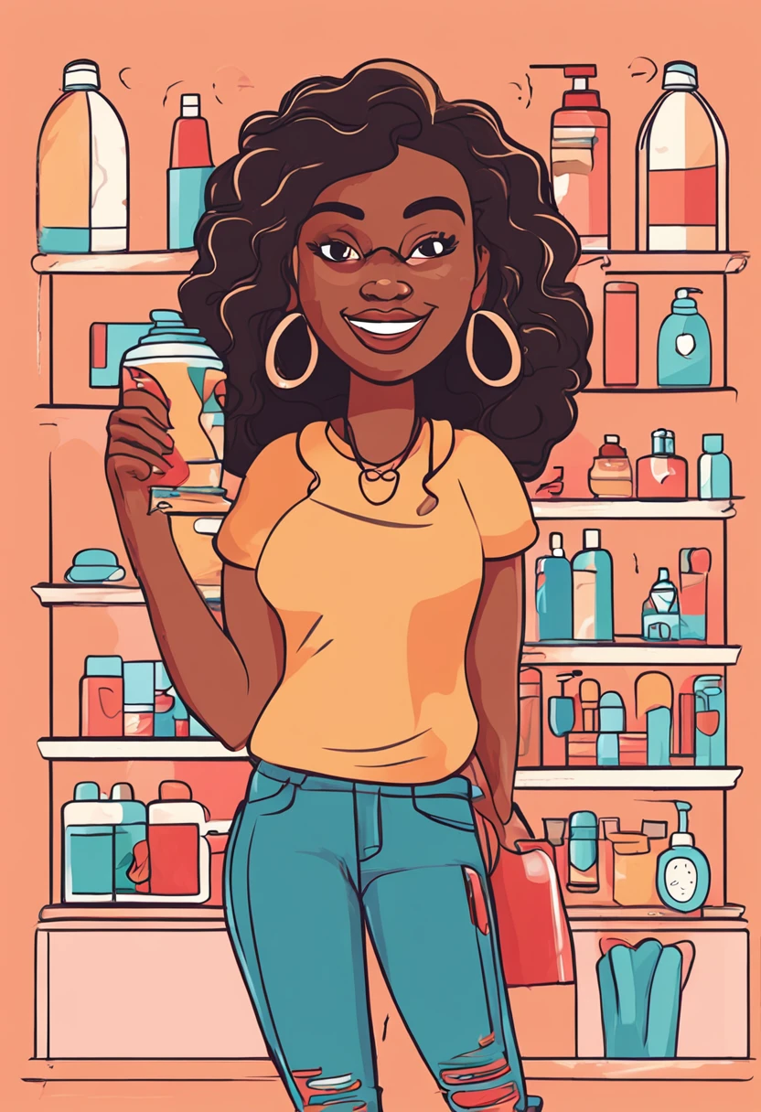 there is a black woman with curly and short hair, brazilian ethnicity, brunette latina, brazilian, cartoon of a woman, everyday clothes, cartoon character, vector, behaved clothes, normal body, average body, vector, vector flat art, holding a shampoo bottle, art in vector style, vector art style, vector adobe illustrator, girl holding a bottle of shampoo, inside a cosmetics store, cosmetics shop, shop interior, shelf background with cosmetic products, vector illustration , cartoon, cute art style, cartoon vector art style, cute vector art, shampoo themed girl, vector drawing of cute happy girl, smiling, happiness