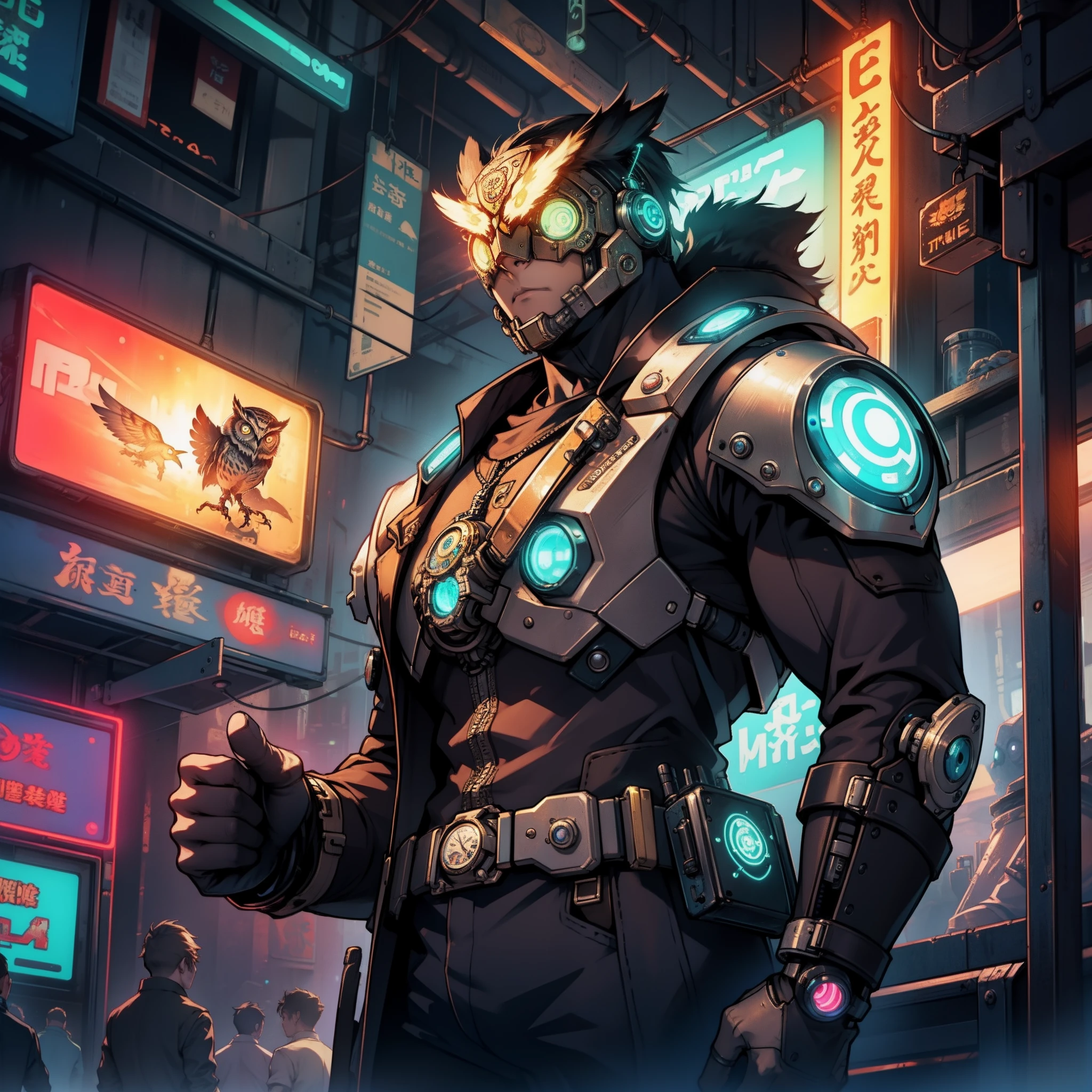 A cyborg steampunk owl,In a cage under neon lights。