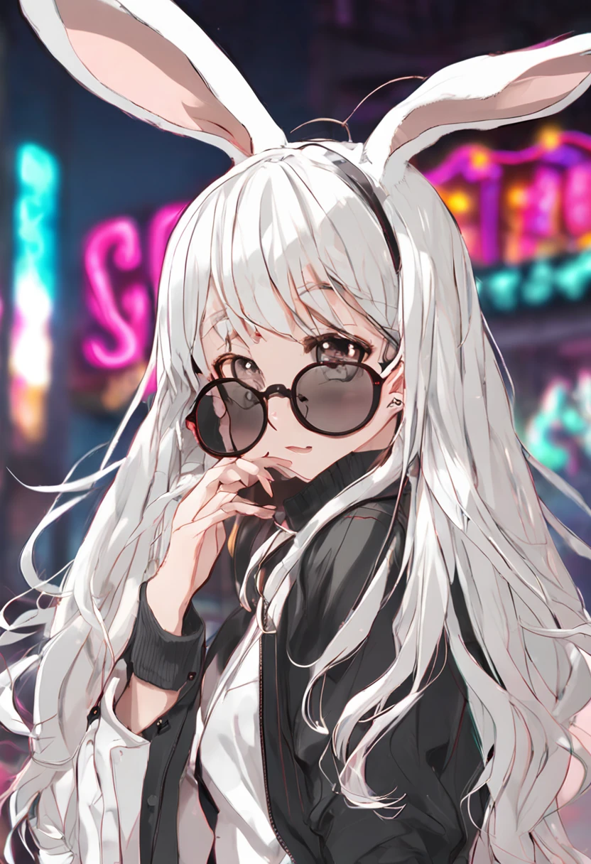 Bunny ears，long whitr hair，wears glasses，white color hair，Shopping