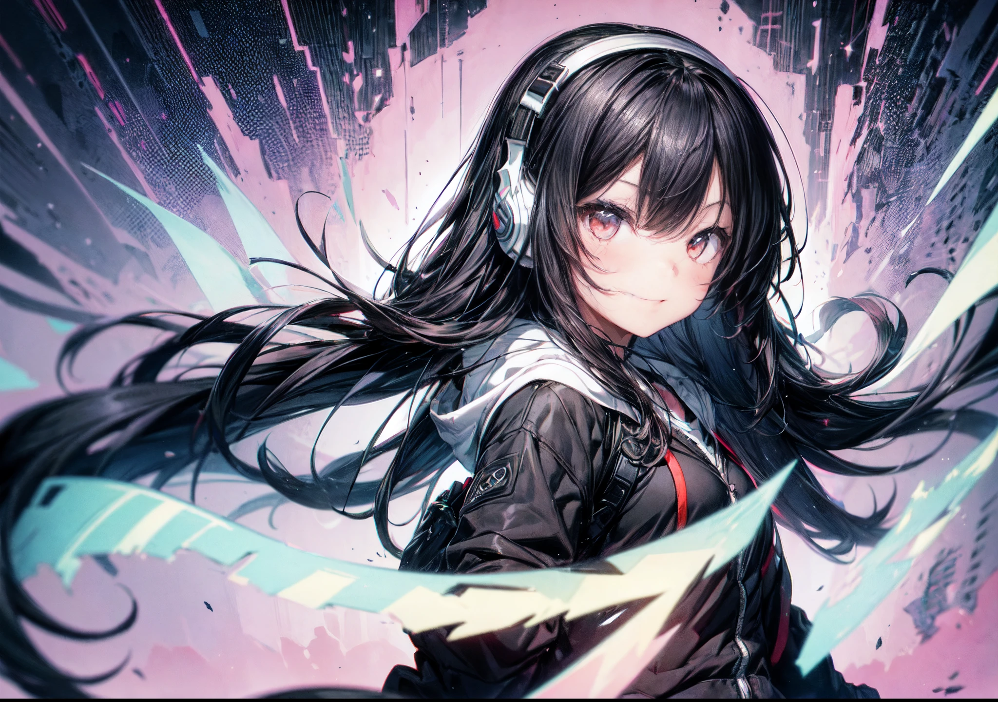 One girl, Black hair, Long hair, Long bangs, One blade on the side, headphones, slit-eyes, tusk, grin, Blackoversized cardigan with hood, Shorts, Front view, portfolio, Colorful background, (glitch art: 1.5), Realistic expression, Realistic skin type, Incredibly absurd, ultra-quality, Superfine Detail, hyper detailed background,