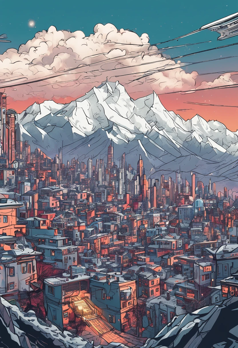Stretches of snow-capped mountains，A city under a snowy mountain，Now the city，cyber punk perssonage，panoramic view of a city