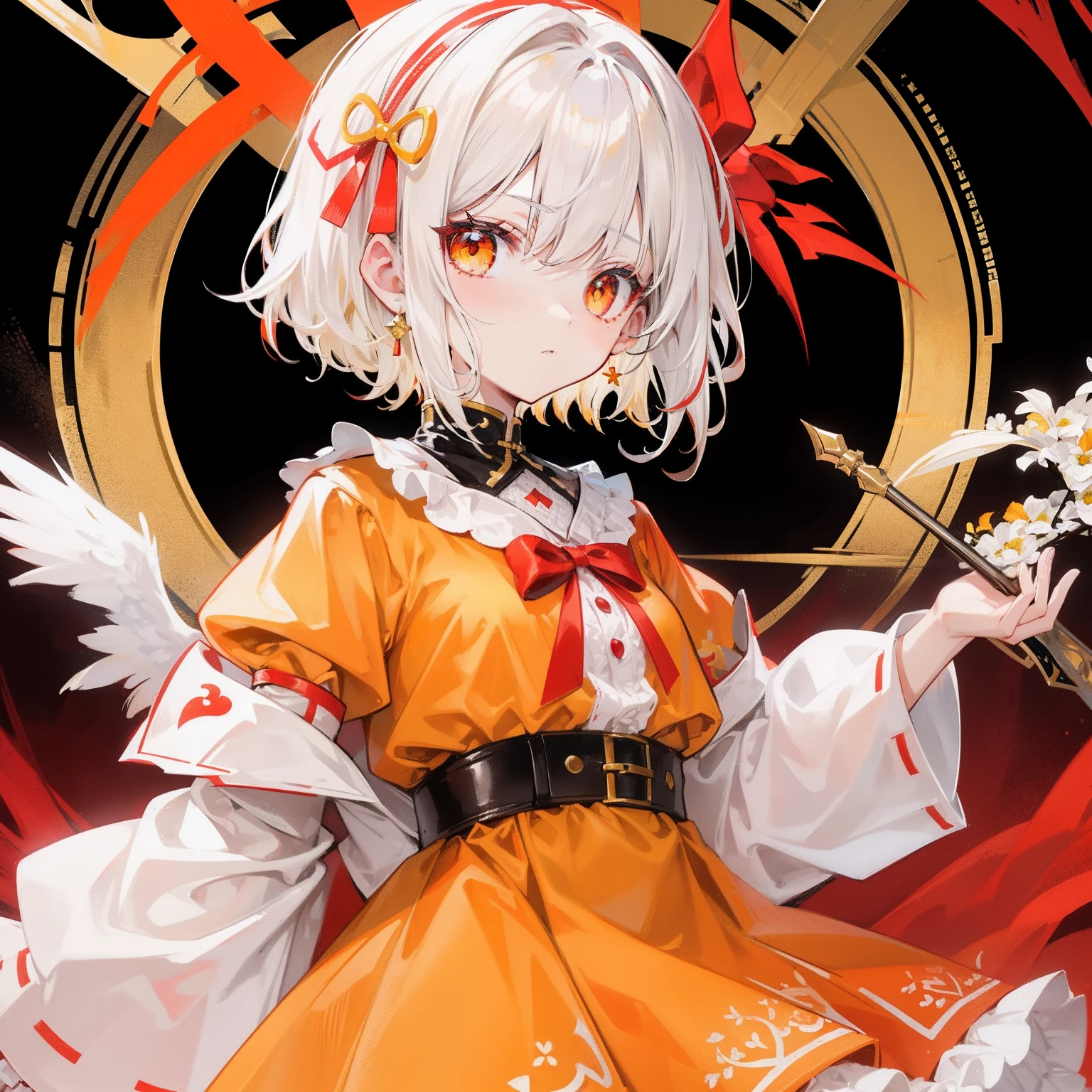 The short white hair has a slight reddish tinge，The head is decorated with a yellow bow，Crimson pupils，Red, orange and yellow clothes，Is a cute loli