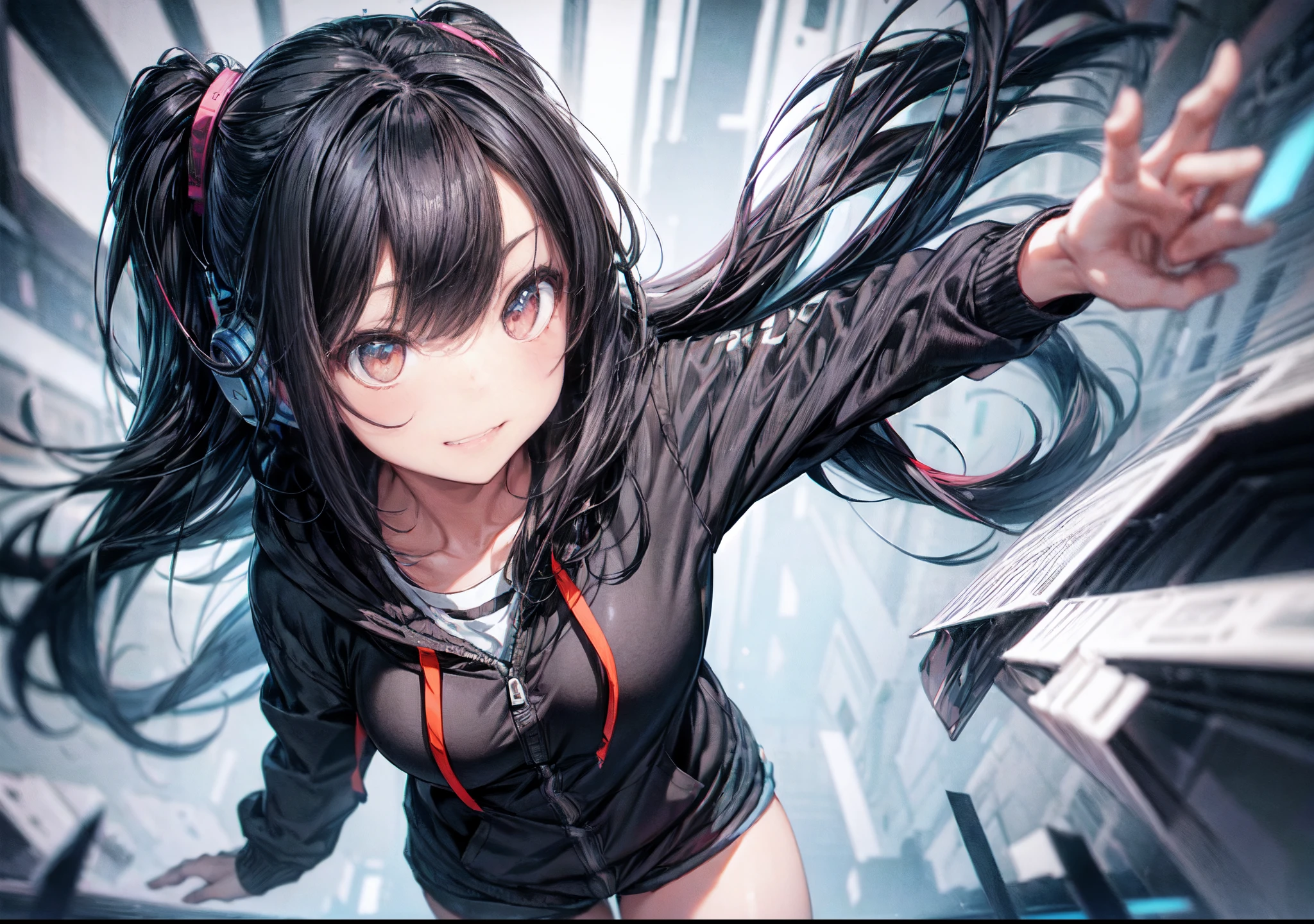 One girl, Black hair, Long hair, Long bangs, One blade on the side, headphones, slit-eyes, tusk, grin, Blackoversized cardigan with hood, Shorts, Front view, portfolio, Colorful background, (glitch art: 1.5), Realistic expression, Realistic skin type, Incredibly absurd, ultra-quality, Superfine Detail, hyper detailed background,