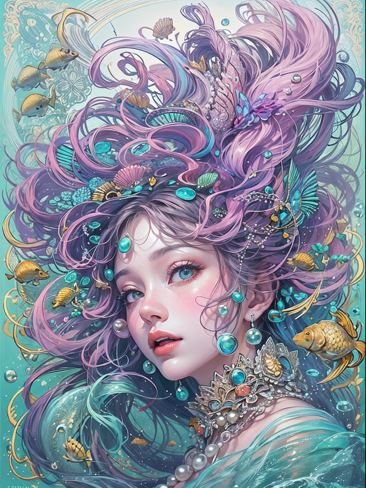 Fun seamless pattern seashells, starfish, sea star tentacle, jellyfish, jellys tentacle, beach, sand, gold swirls and blue twirls pink pearls scattered diamonds fairytale illustration by Esao Andrews, pink glitter swirls and blue twirls under the sea, insanely detailed, Seamless pattern, breathtaking beauty, pure perfection, divine presence, unforgettable, impressive, breathtaking beauty, highly detailed, extremely detailed, delicate detail, crisp quality, ultra realistic, hyperrealistic, award jenny saville, edward hopper, surrealism,