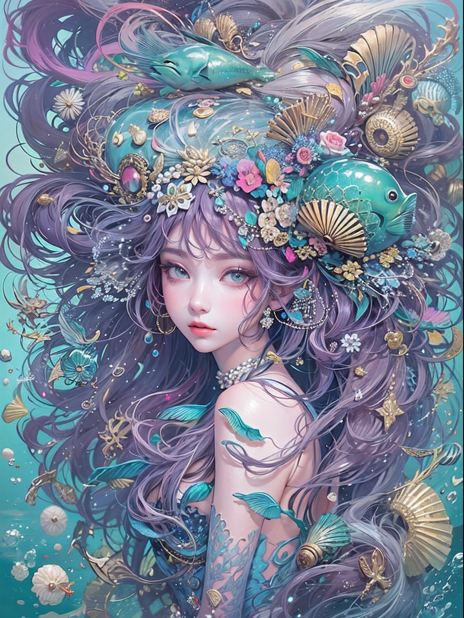 (zentangle, datura, fractal, enrejado), (surreal fractal art:1.3), (bioluminiscente mechanical mermaid princess:1.5), (highly detailed, 8k, beautiful epic ocean scene with marine life), (photorealistic, cinematic lighting, dramatic, stunning composition), (breathtaking colors, vibrant, glowing), (otherworldly, ethereal, mystical)