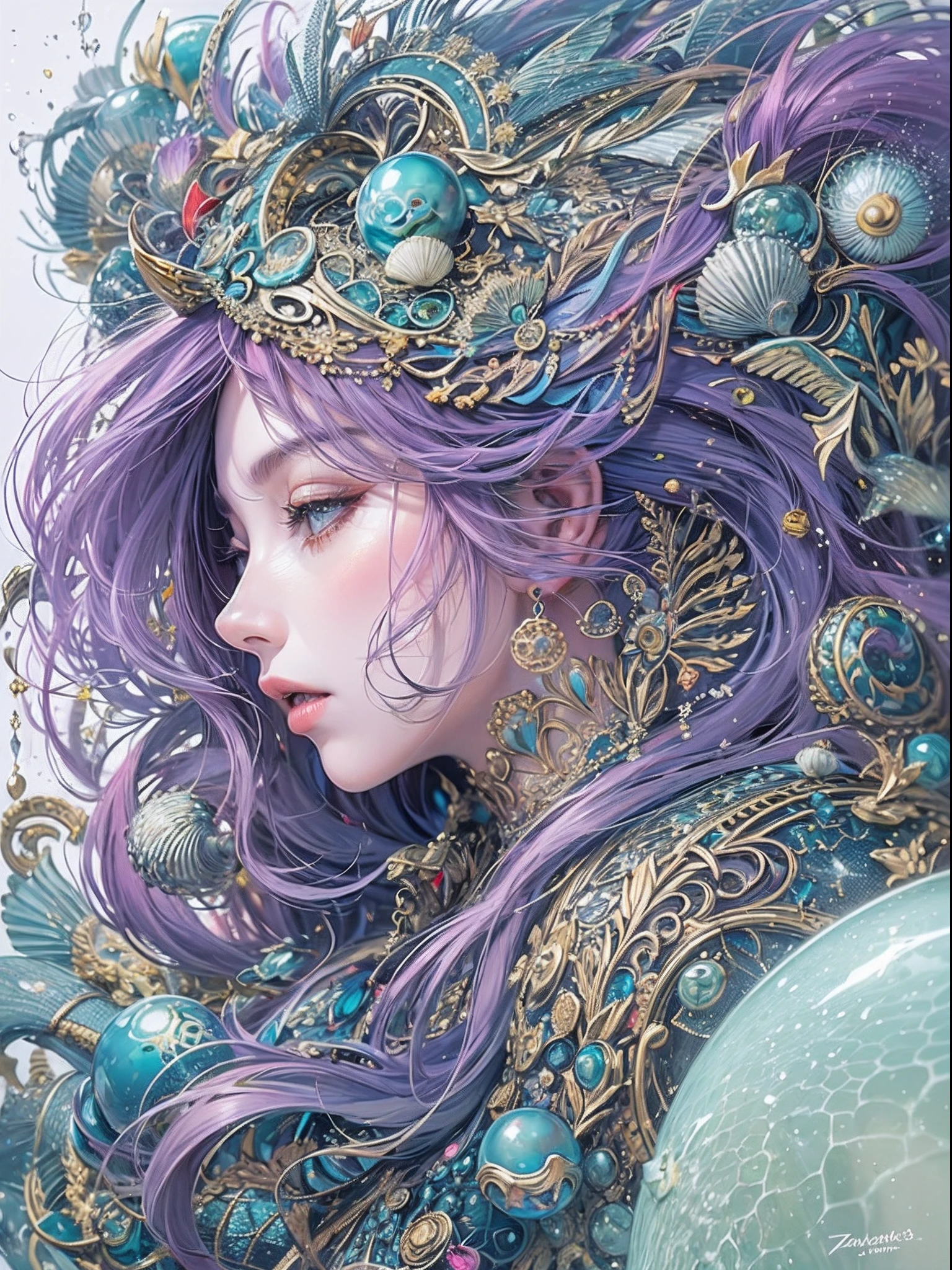 official arts, Unity 8k壁纸, Ultra-detailed, Beautiful and aesthetically pleasing, tmasterpiece, beste-Qualit, (zentangle, a Mandala, clew, meshing), (s fractal art: 1.3), 1mermaid, (purple hairstyle: Long hair) ocean, Extremely detailed, dinamic angle, Cowboy shot, Most Beautiful Form of Chaos, elegant, a brutalist designed, bright colours, romanticism, seafoam, bubbles, shells, fish, pearls
