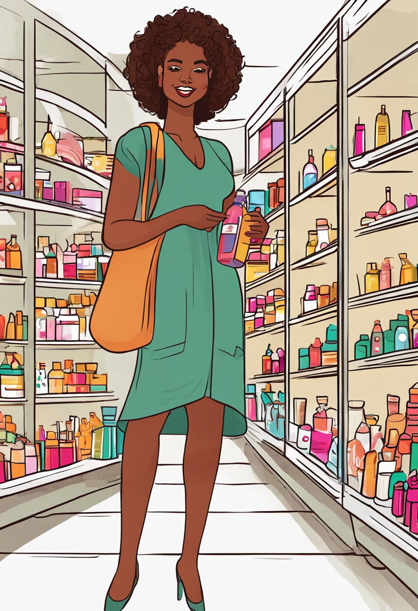 there is a beautiful black woman, with curly and short hair, ethnicity, basket with several beauty products, brazilian, brunette latina, brazilian, carton of a woman, everyday clothes, cartoon character, vector, behaved clothes, normal body, ordinary body, vector, vector flat art, holding a bottle of shampoo, art in the style of vector, vector art style, vector adobe illustrator, girl holding a bottle of shampoo, inside a cosmetics store, cosmetics shop, interior of the shop, shelf background with cosmetic products, vector illustration, cartoon, cute art style, cartoon vector art style, cute vector art, shampoo themed girl, cute girl vector drawing happy, smiling, happiness
