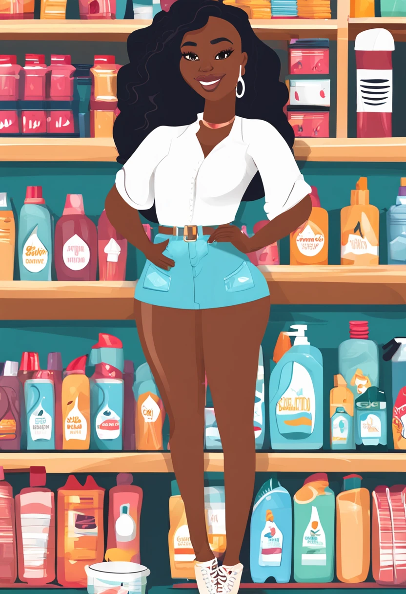 there is a beautiful black woman, with curly and short hair, ethnicity, basket with several beauty products, brazilian, brunette latina, brazilian, carton of a woman, everyday clothes, cartoon character, vector, behaved clothes, normal body, ordinary body, vector, vector flat art, holding a bottle of shampoo, art in the style of vector, vector art style, vector adobe illustrator, girl holding a bottle of shampoo, inside a cosmetics store, cosmetics shop, interior of the shop, shelf background with cosmetic products, vector illustration, cartoon, cute art style, cartoon vector art style, cute vector art, shampoo themed girl, cute girl vector drawing happy, smiling, happiness