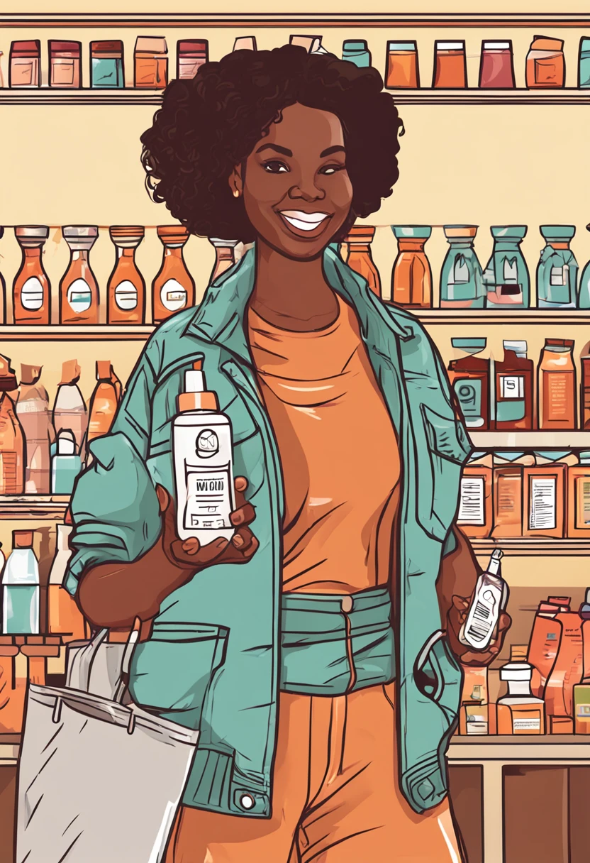 there is a beautiful black woman, with curly and short hair, ethnicity, basket with several beauty products, brazilian, brunette latina, brazilian, carton of a woman, everyday clothes, cartoon character, vector, behaved clothes, normal body, ordinary body, vector, vector flat art, holding a bottle of shampoo, art in the style of vector, vector art style, vector adobe illustrator, girl holding a bottle of shampoo, inside a cosmetics store, cosmetics shop, interior of the shop, shelf background with cosmetic products, vector illustration, cartoon, cute art style, cartoon vector art style, cute vector art, shampoo themed girl, cute girl vector drawing happy, smiling, happiness