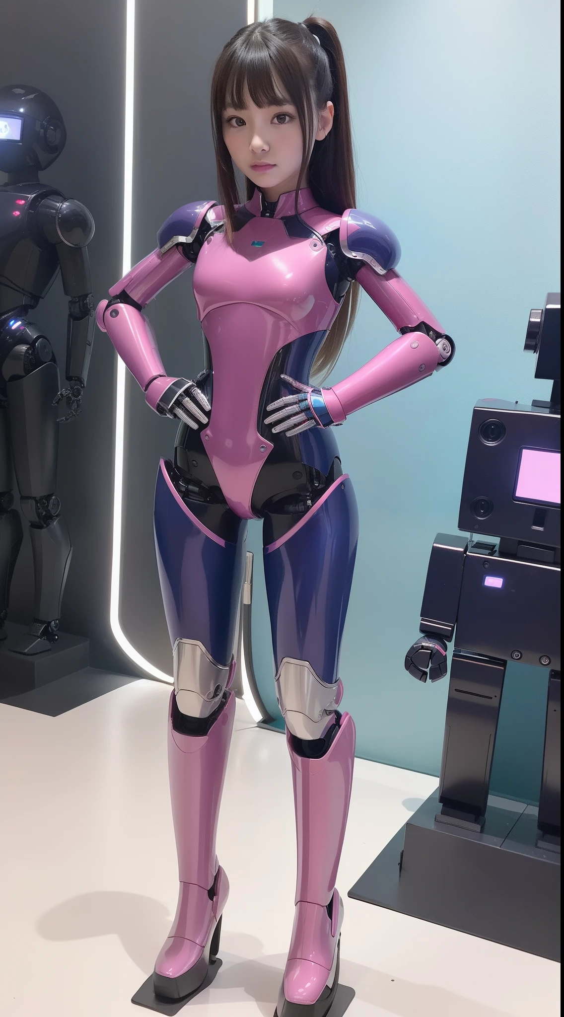 (Photorealsitic:1.4)、one girl、(top-quality)、(hyperdetailed face)、(Super well-formed face)、((Robot Parts))、(Robot Girl)、(Blue)、(pink there)、(Burgundy)、(metallic)、(full-body)、(sexy pose)、(Slender body)、(Model body type)、(full body mech)、(mechanical exposure)、(Akihabara)、(is looking at the camera)、(A dark-haired)、(Well-proportioned girl)、(a small face)、(Idol)、(front facing)、(Standing with legs open)、(Hands on hips)、(Photo session)、(Looks sad)、(perfect-robot-girl)