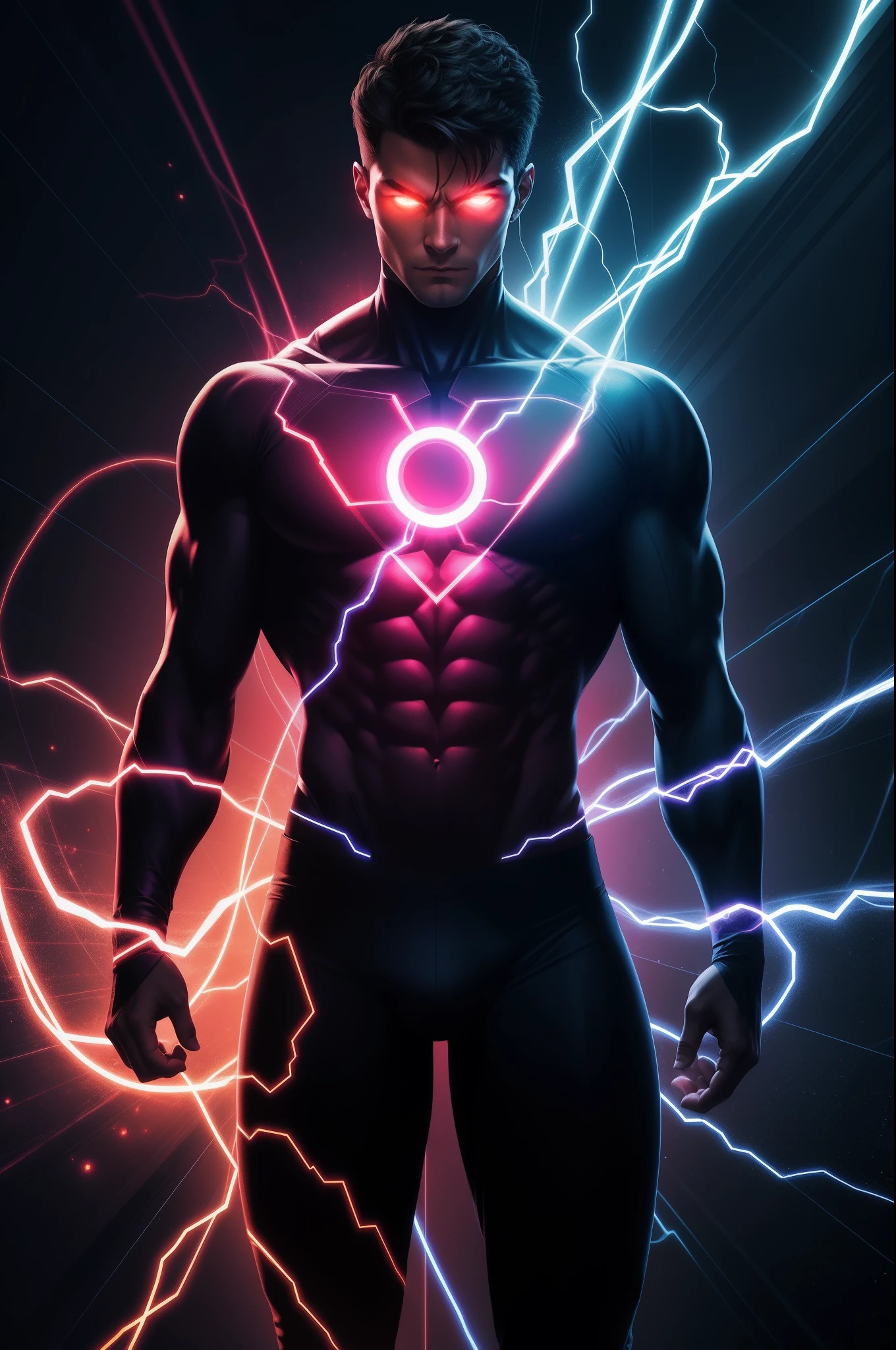 A powerful Super Coder Man, surrounded by a sea of code, with a glowing red aura radiating from his body.