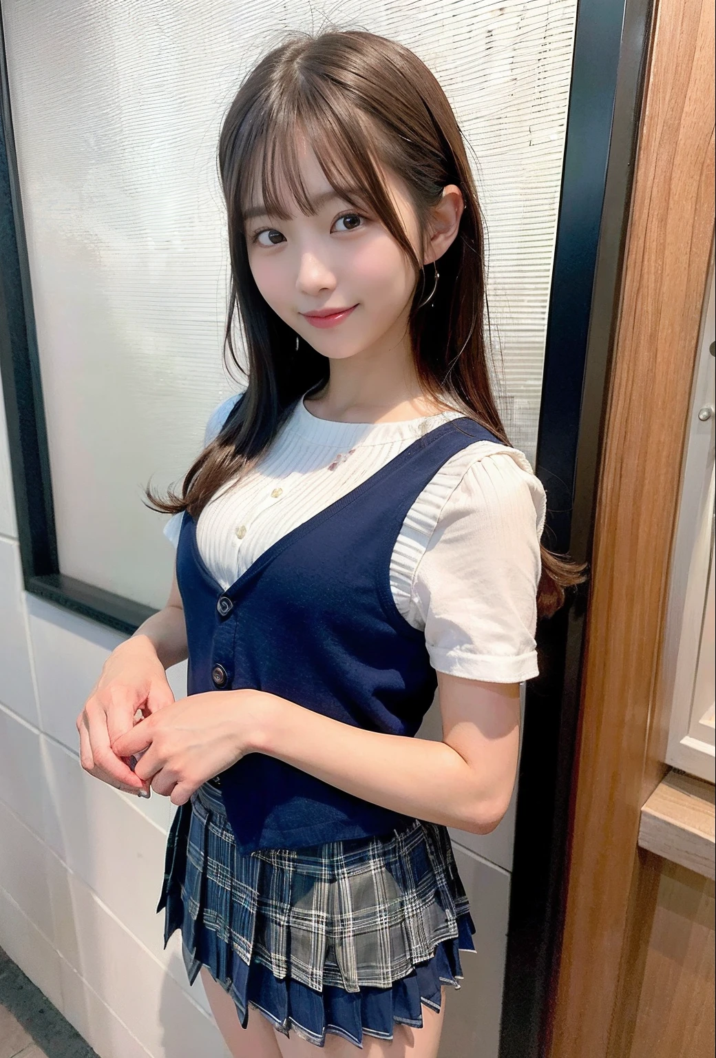 (Highest quality:1.5)、(masterpiece:1.5)、(8k:1.5)、(very small flat chest:1.5)、(Sleeveless, tight, light pink shirt:1.5)、(A pleated skirt so short that you can almost see her panties:1.7)、(Slender:1.5)、(Blushing:1.5)、(smile:1.5)、(whole body)、(Thin and beautiful legs:1.3)、((Young face:2.0))、((:2.0))、((Short:2.0))、((Erect nipples:1.4))、(Entrance of the apartment:1.5)、(Elegant hairstyle:1.3)、(One woman:1.5)、(Beautiful black hair:1.5)、(Open the chest of the shirt:1.5)、(Leaning forward:1.5)、(A small portion of his flat chest is exposed through the gap in his shirt.:1.5)、