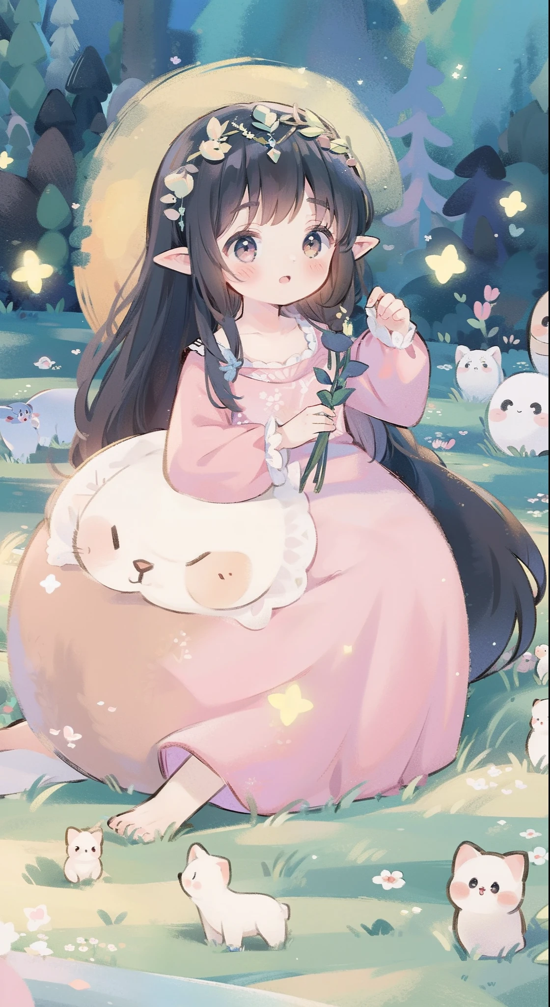 high high quality，tmasterpiece，Delicate facial features，Delicate hair，Delicate eyes，Delicate hair，animemanga girl，deer antlers，Black color hair，florals, Dreamy style, Fantastic flower garden，fantasy style clothing,Romantic dress,  beautiful and elegant elf queen, a beautiful fantasy empress, Fantasy art style, ((a beautiful fantasy empress)), Anime fantasy illustration, high priestess, fey queen of the summer forest, anime art nouveau, goddess of the forest, portrait of an elf queen, A beautiful artwork illustration，8K high quality detailed art（Delicate facial portrayal）（Fine hair depiction）（highest  quality）（Master masterpieces）（High degree of completion）（a sense of atmosphere）8k wallpaper，tmasterpiece，Best quality at best，ultra - detailed