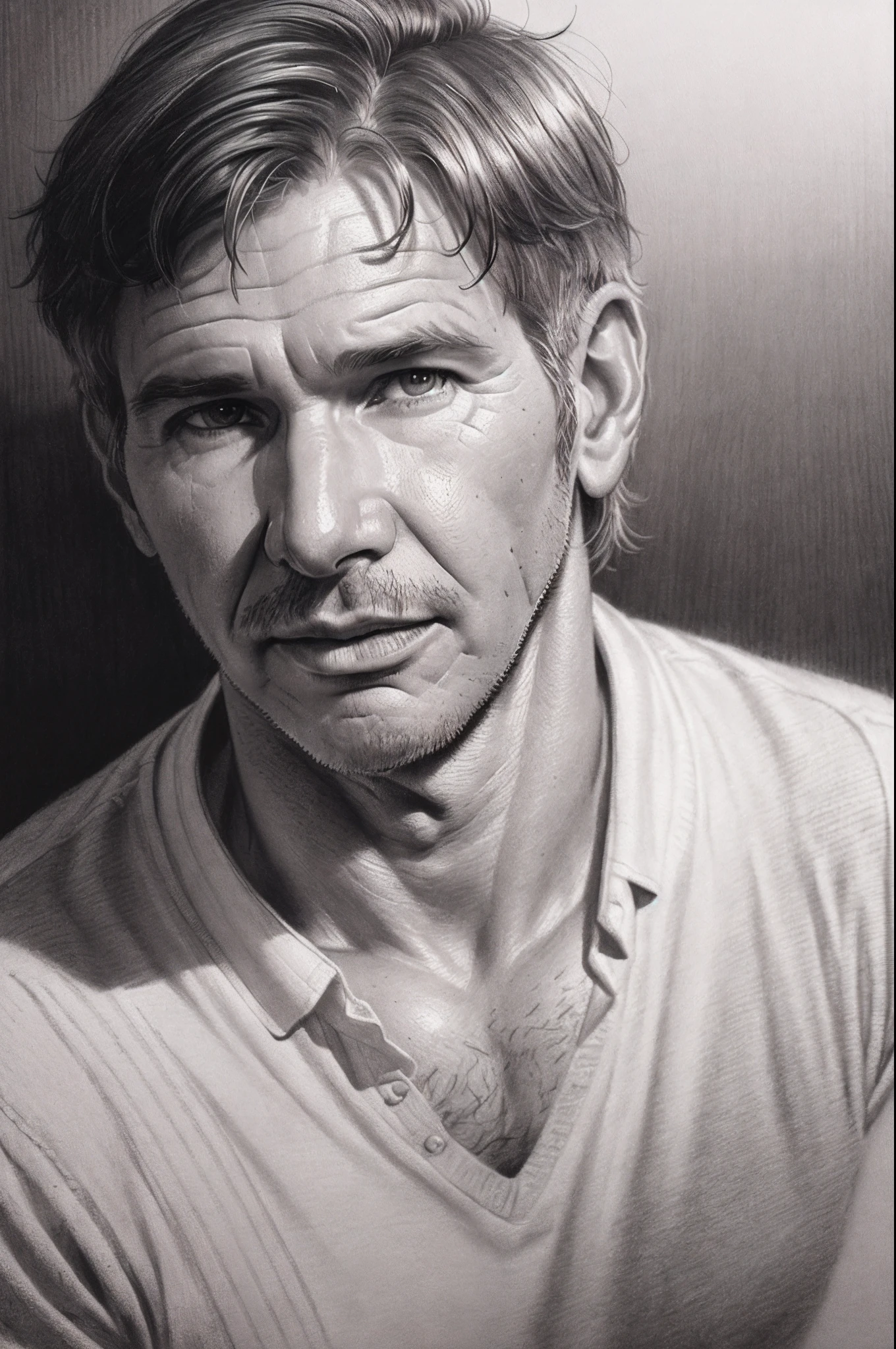 A younger Harrison Ford, close-up shot, pencil_(drawing) crosshatching, detailed sketch, soft light and shadow, monochrome, white background, (((realistic hand drawing))), b&w illustration, in the style of Dave Malan, lithography