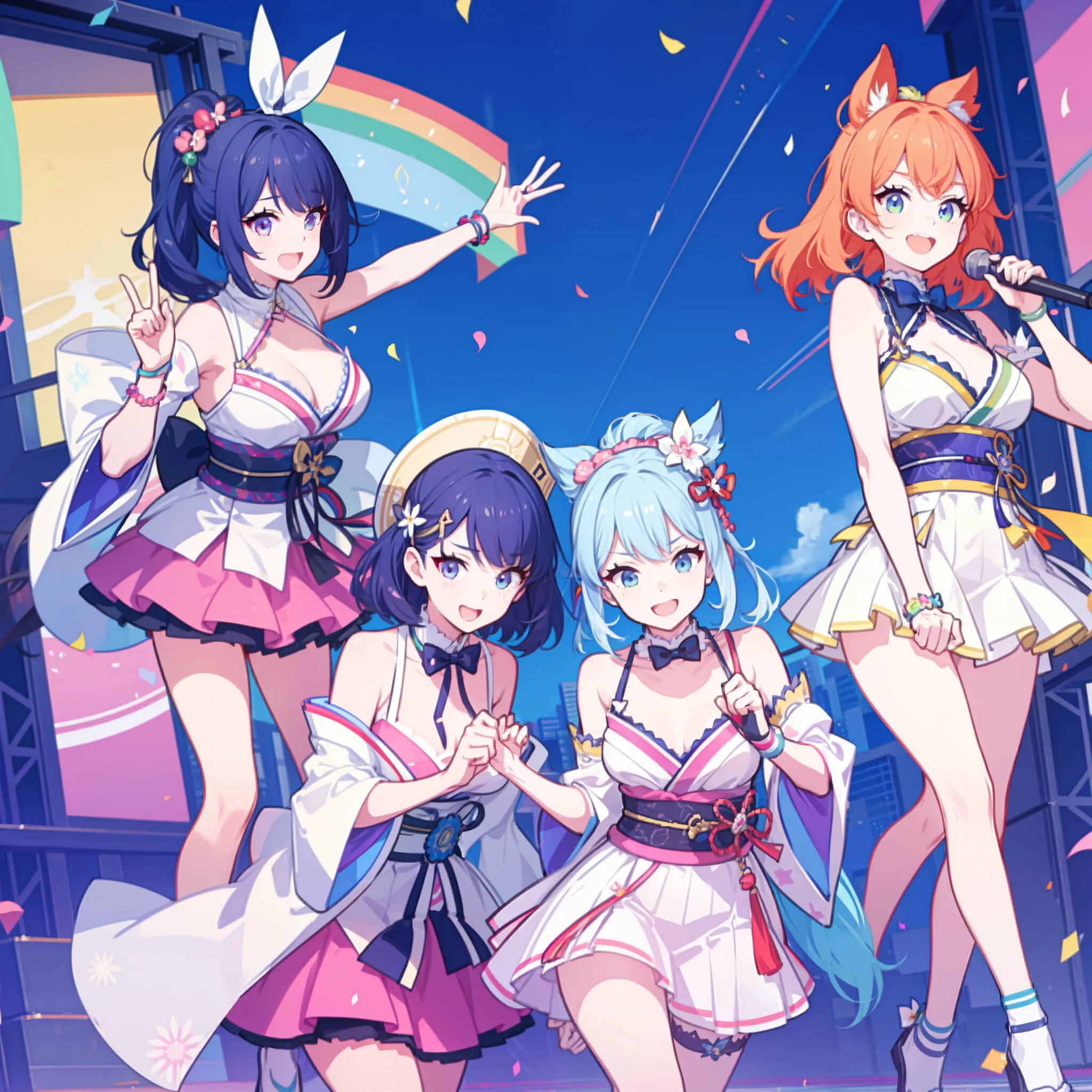 a japanese idol group, 3 girls, rainbow outfits, gay pride, pride parade