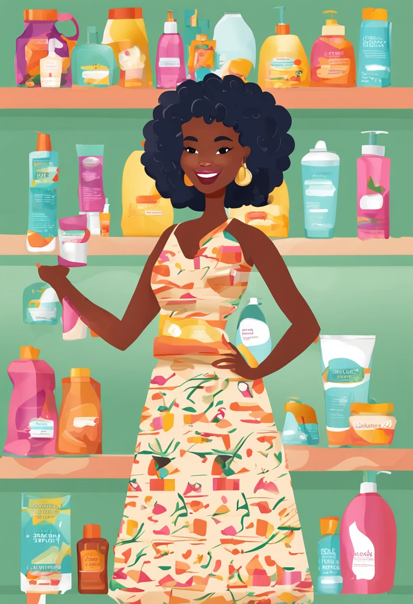 there is a beautiful black woman, with curly and short hair, ethnicity, basket with various beauty products, brazilian, brunette latina, brazilian, carton of a woman, everyday clothes, upper body, cartoon character, vector, clothing behaved, normal body, ordinary body, vector, vector flat art, holding a shampoo bottle, vector style art, vector art style, vector adobe illustrator, girl holding a shampoo bottle, inside a cosmetics store, shop of cosmetics, shop interior, shelf background with cosmetic products, vector illustration, cartoon, cute art style, cartoon vector art style, cute vector art, shampoo themed girl, vector drawing of cute happy girl, smiling, happiness