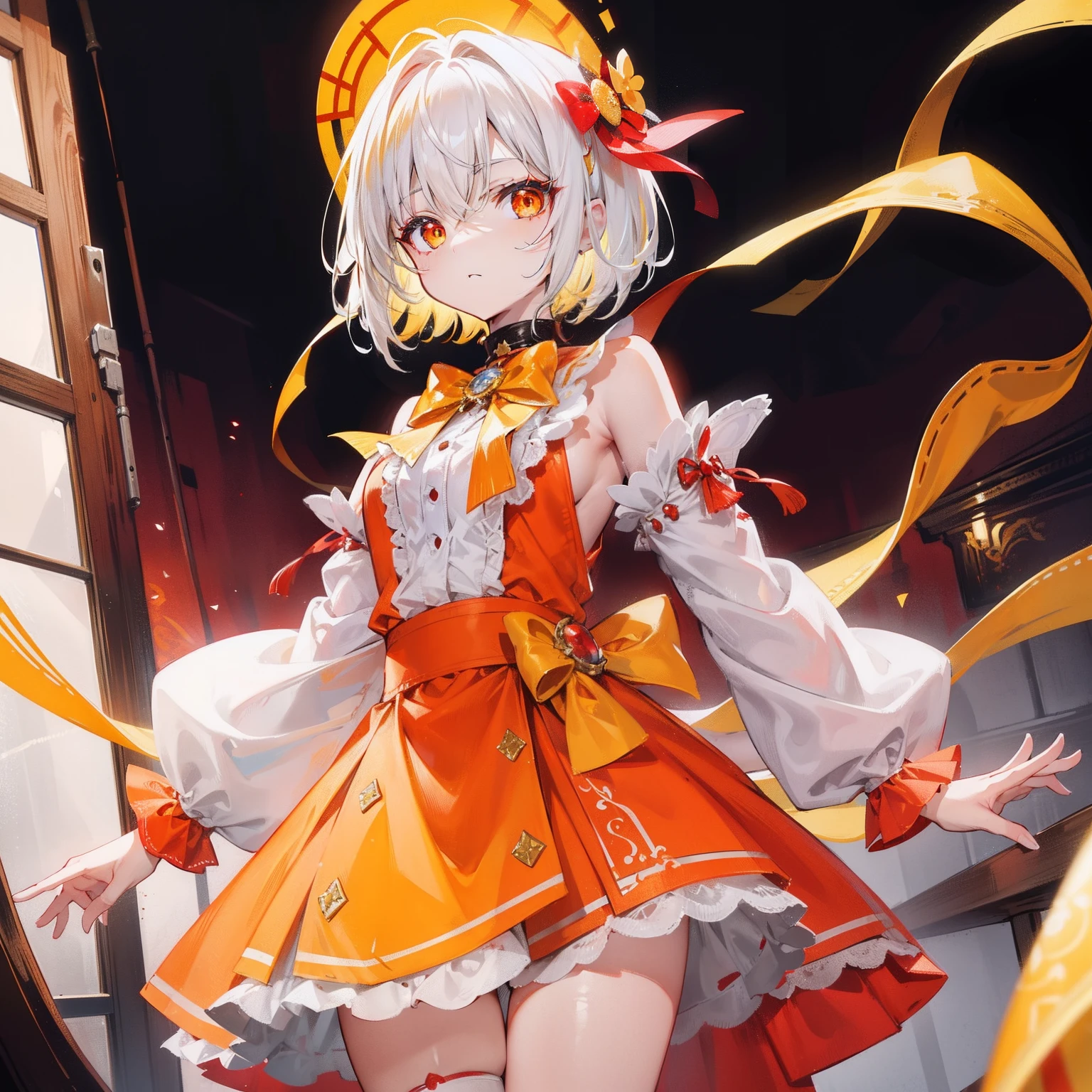 The short white hair has a slight reddish tinge，The head is decorated with a yellow bow，Crimson pupils，Red, orange and yellow clothes，Is a cute loli