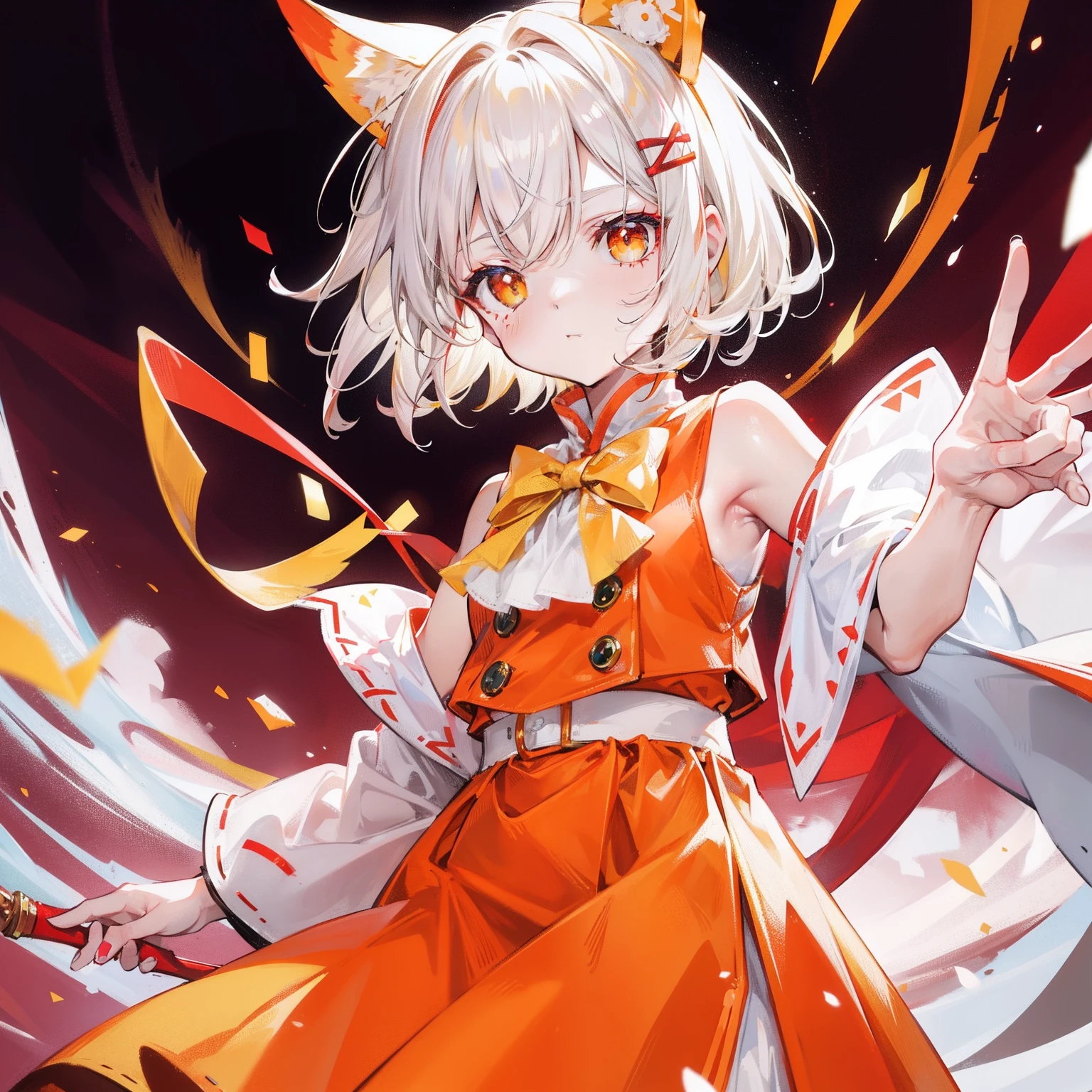 The short white hair has a slight reddish tinge,The head is decorated with a yellow bow,Crimson pupils,Red, orange and yellow clothes,Is a cute loli