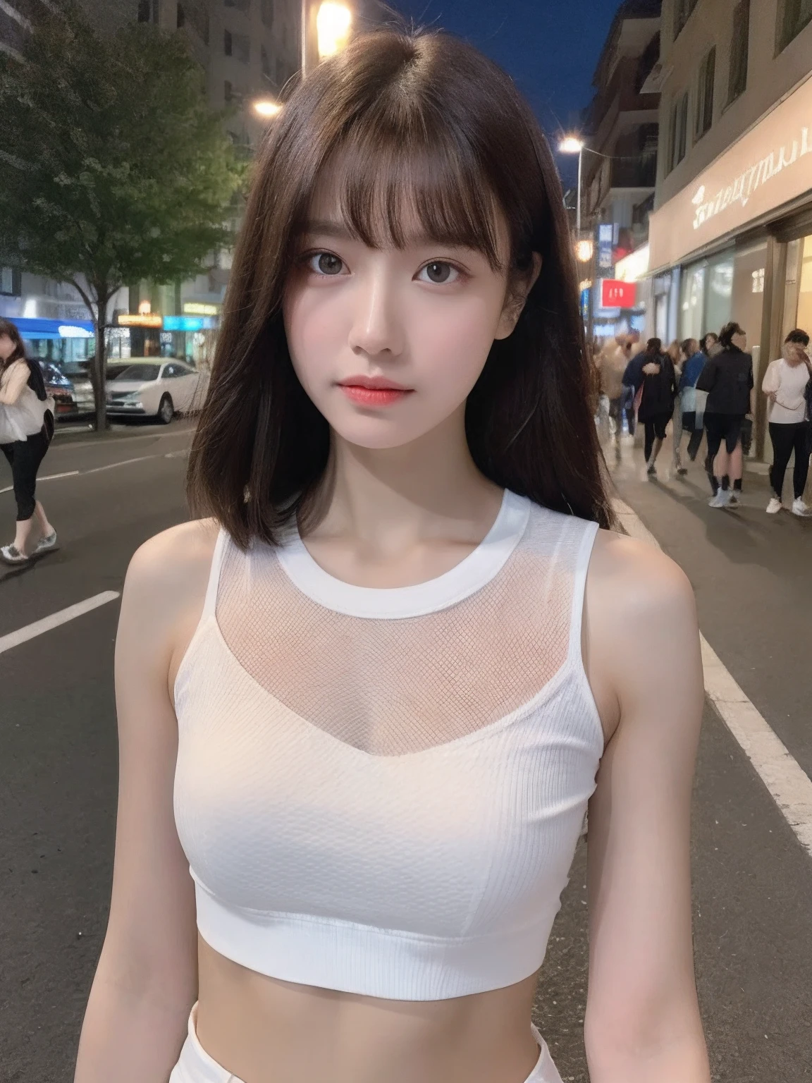 ((Realistic lighting, Best Quality, 8K, Masterpiece:1.3)), Clear focus: 1.2, 1girl, Perfect Body Beauty: 1.4, Slim Abs: 1.1, ((Dark brown hair)), (White crop top: 1.4), (Outdoor, Night: 1.1), Hot pants, shorts, tight,, Bust, Bust, City Street, Super Fine Face, Fine Eyes, Double Eyelids,