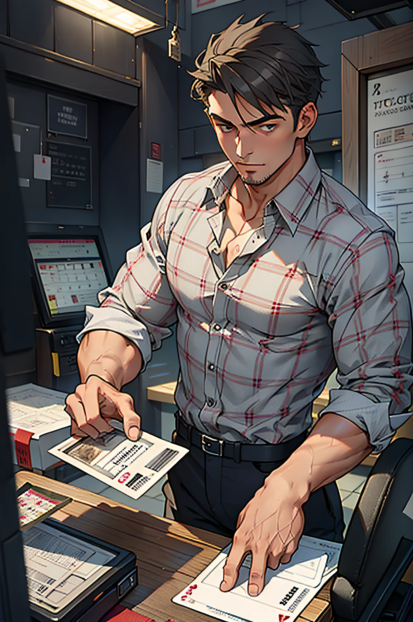 Inside the lottery station，A handsome and attractive mottery ticket with a small card in his hand，Wearing a gray plaid shirt，The lottery room is visible