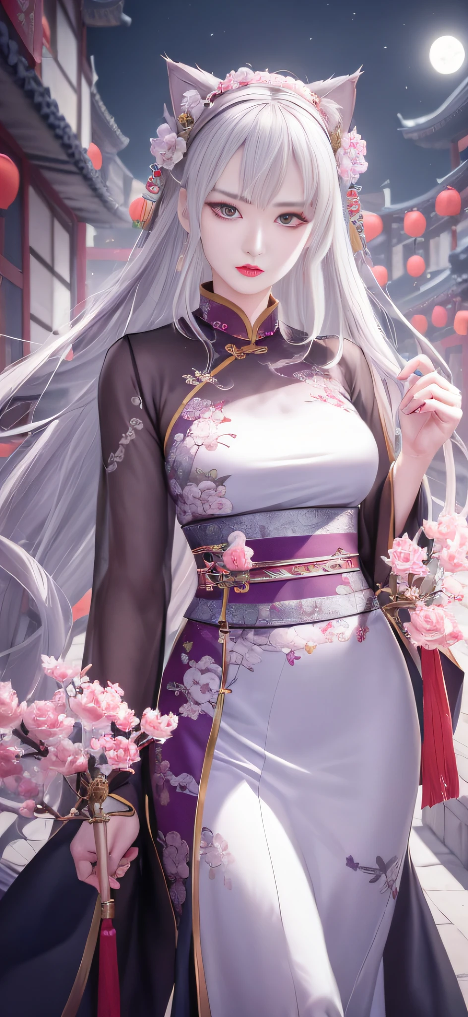 Masterpiece, Best, Night, Full Moon, 1 Female, Mature Woman, Chinese Style, Ancient China, Elder Sister, Royal Sister, Cold Face, Expressionless, Silver White Long Haired Woman, Pale Pink Lips, Calm, Intellectual, Three Belts, Gray Hitomi, Assassin, Dagger, Flower Ball Background, Strolling Street Masterpiece, Best, Night, Full Moon, 1 Female, Mature Woman, Chinese Style, Ancient China, Elder Sister, Royal Sister, Cold Face, Expressionless, Silver White Long Haired Woman, Pale pink lips, calm, intellectual, three belts, gray pupils, assassin, dagger, flower ball background, street view, white-haired catwoman, Hanfu, cat ears, cat tail, clear purple eyes