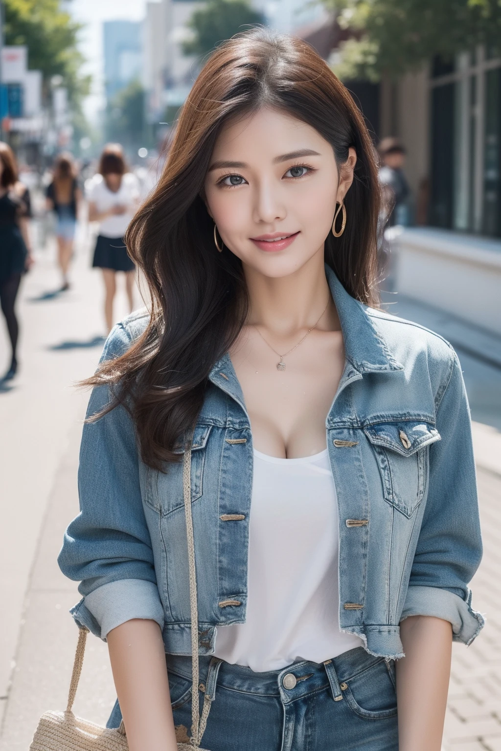 ((Top Quality, 8K, Masterpiece: 1.3)), Sharp Focus: 1.2, Perfect Style, One Beauty, Top Model: 1.2, Waist Constriction, Beautiful Legs, Taut Skin, ((Wet Skin: 1.4)), ((Sweaty: 1.2)), (Upper Body Shot: 1.2), (Reach Here), (Cuddle), Highly Detailed Face and Skin Texture, Detailed Eyes, Double Eyelids, Pale cheeks professional lighting, small necklace, small earrings, bracelets, (layered hairstyle), wet skin, (T-shirt: 0.7)), (wearing a tight skirt), Distressed denim jacket, slip dress, ankle boots, (G cup bust: 0.8), (natural breasts, natural cleavage), (seaside street: 1.2), (shy smile: 1.1)