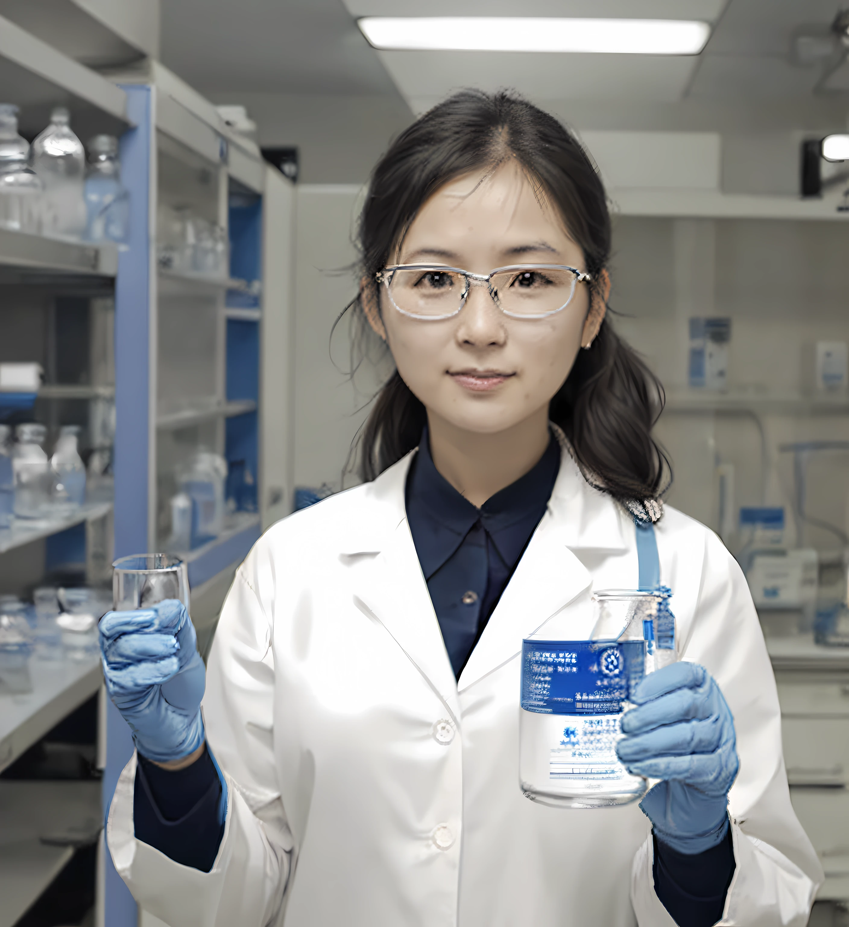 Arad woman holding a glass in a lab coat and blue gloves, in laboratory, wearing lab coat and a blouse, wearing a lab coat, the scientist, wearing lab coat and glasses, Wearing a lab coat, Li Zixin, stood in a lab, In a laboratory, in a lab, portrait of a female pathologist, With a lab coat, clean medical environment,Talk to a woman,