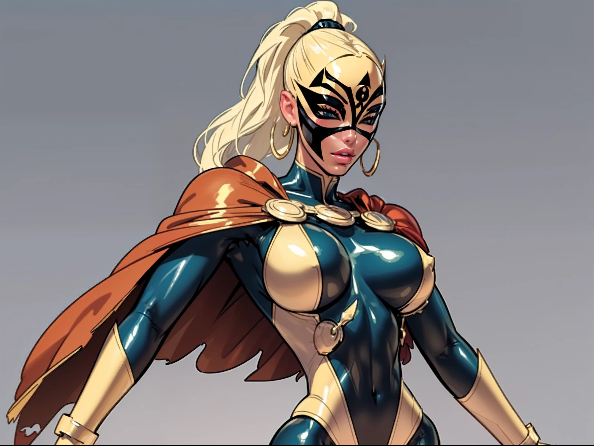 ((masterpiece)),(((best quality))),((character design sheet)), ((full body view)) illustration,1girl, muscular, ((blue and gold bodysuit:1.6)), (masked over eyes:1.6) (broke and black color palette:1.3) superhero, (black ponytail:1.4), (puffy lips:1.6) (black cape:1.4) beautiful woman, (small breasts:1.3)(black legs:1.3)shiny skin, (gold emblem on chest:1.2),scribbles and marks, rough sketches, pose, 8k,16k, (simple background, white background: 1.3)(gigantic breasts:1.0)