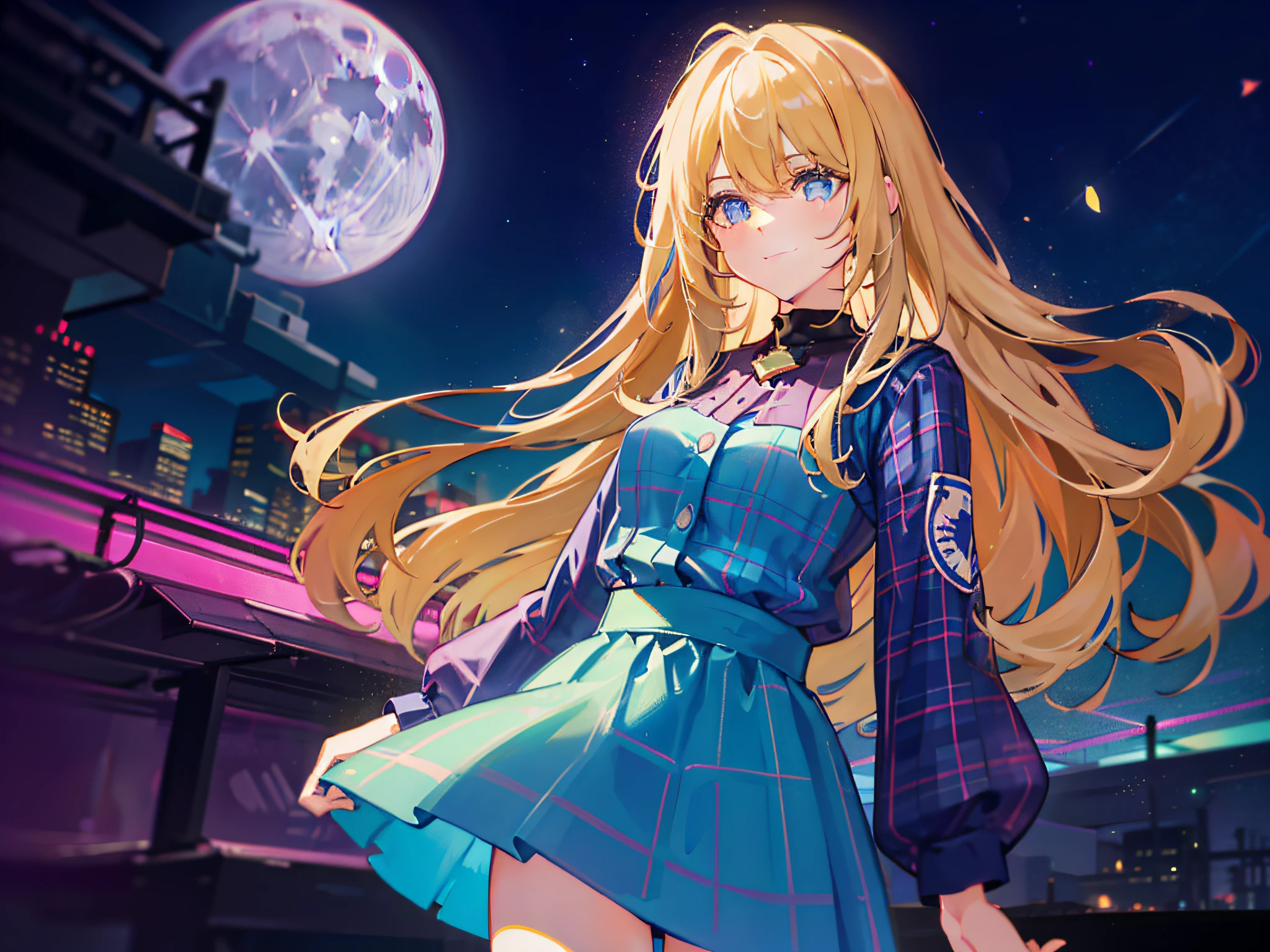 Girl with long blonde hair, neon blue eyes, super cheerful expression, with purple uniform, blue and green plaid skirt, neon lighting tones, cool colors, purple full moon, starry sky, town square scenery, 4k, High quality, best details, expansive picture