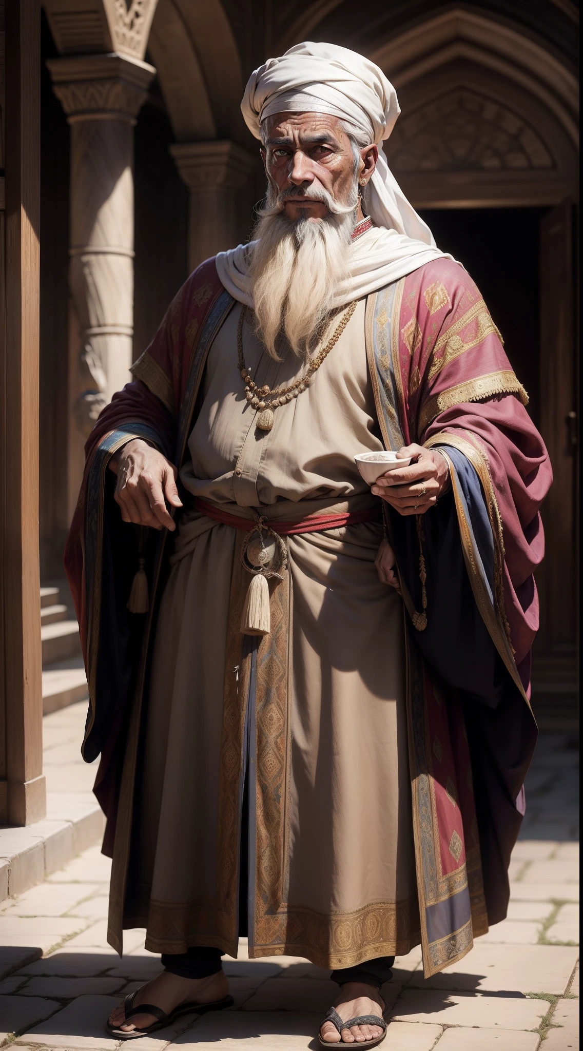 Hwaga Ata, 16th century, renaissance, man,age of 50, old, wrinkle,Weathered, muslim, Arabian, clothes of Grand Vizier, great, politico, coward, knowledgeable, cowardliness, nervous, sweating, afraid