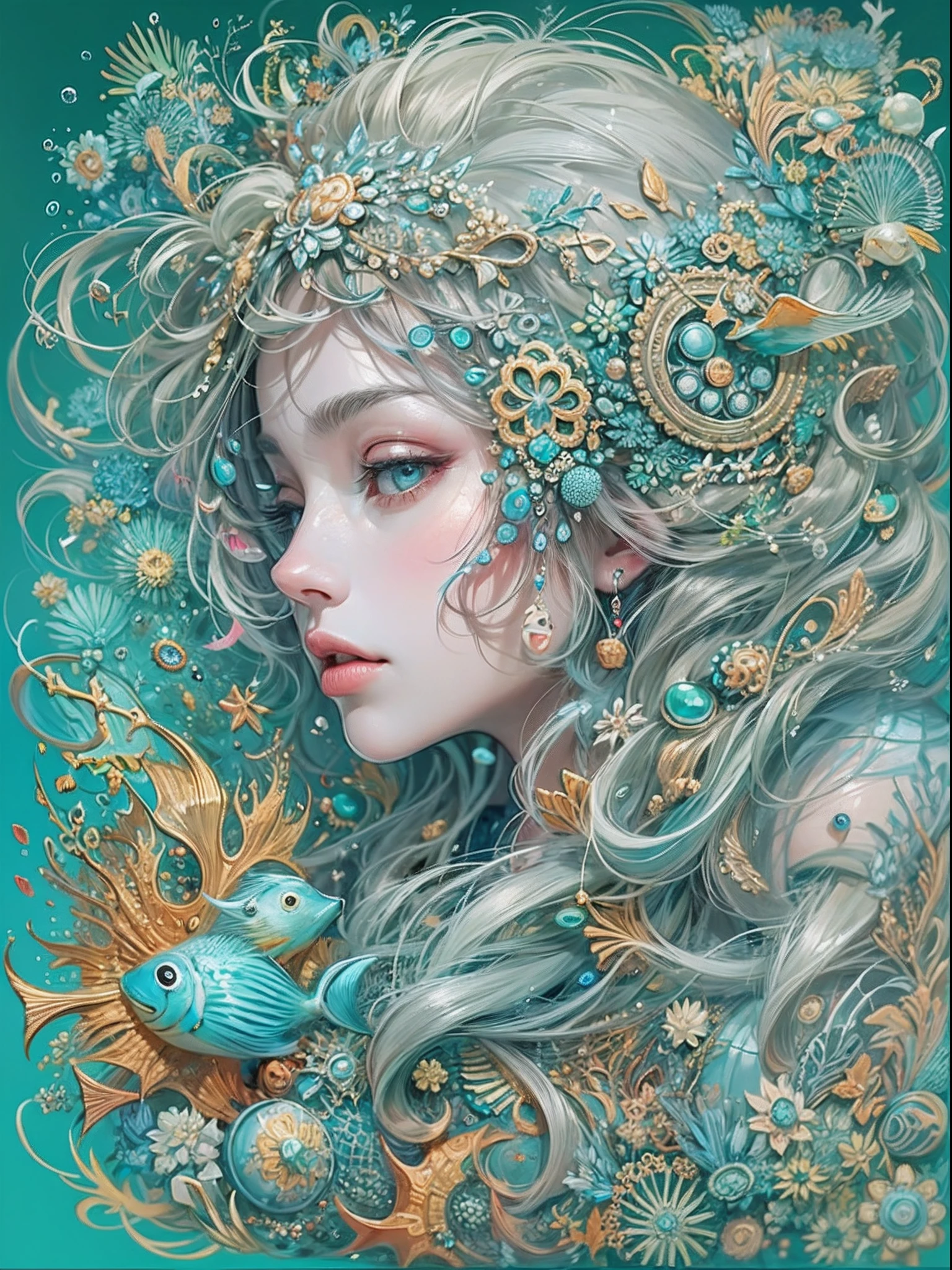 official arts, Unity 8k壁纸, Ultra-detailed, Beautiful and aesthetically pleasing, tmasterpiece, beste-Qualit, (zentangle, a Mandala, clew, meshing), (s fractal art: 1.3), 1mermaid, (hairstyle: Long hair) ocean, Extremely detailed, dinamic angle, Cowboy shot, Most Beautiful Form of Chaos, elegant, a brutalist designed, bright colours, romanticism, seafoam, bubbles, Shells, Fish, pearls