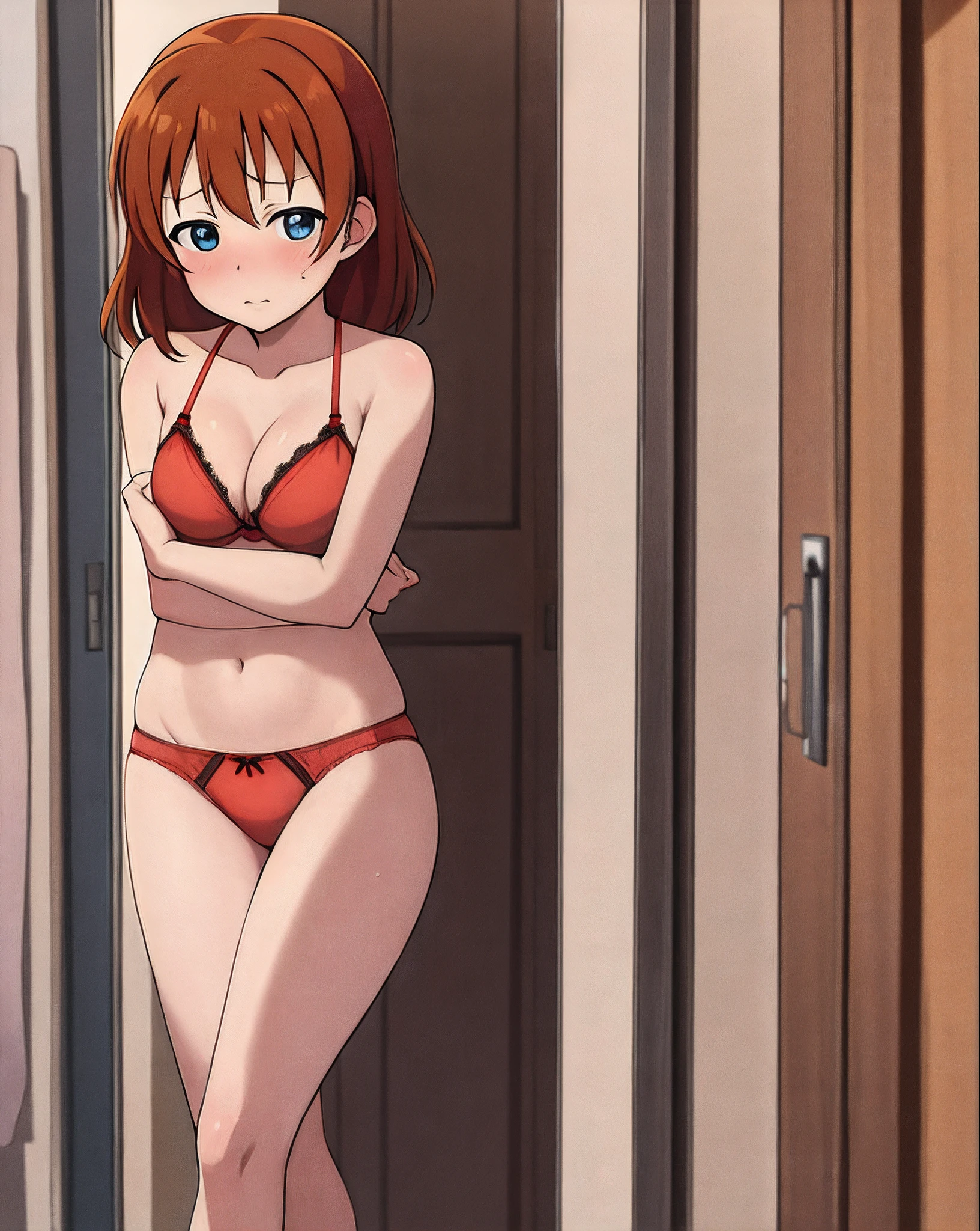 masterpiece, best quality, highres, cowboy shot, kousaka honoka, blue eyes, (orange hair:0.7), standing in front of door, sexy,sleepy,red bra, panties,sweaty, after sex,chibi