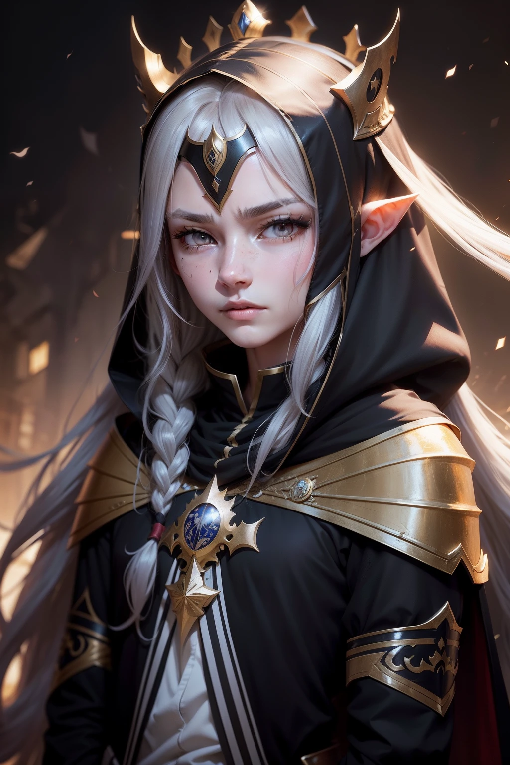 streaked hair, hair between eyes, long hair, crown, mouth veil, mole under eye, half-closed eyes, pointy ears, sad, anime, anime style, backlighting, vignetting, projected inset, panorama, lens flare, high details
