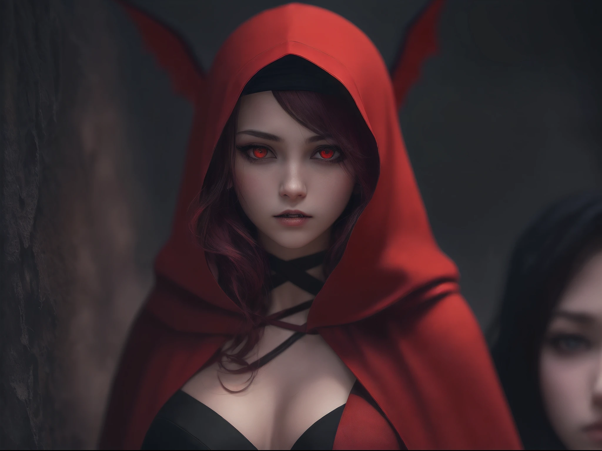 (RAW photo, 4k, masterpiece, high resolution, extremely complex) (realistic: 1.4),(Bandage wrapped around head covering one eye),(pointed ear),(big red bat wings), cinematic lighting , (((a half-vampire female character))), Ground Focus, (night), fog, medieval\(Style\), ( Best Quality ), (Highres),(dark skin tone) (short red hair),( big flowing red cape),(red and black clothing covering whole body),(8k expressionless face),(Red eyes),(ulzzang-6500:1.0),(solo),(spectators),(penetrate gaze),( side),(mysterious catacomb environment),((speed)),(reality), --auto --s2