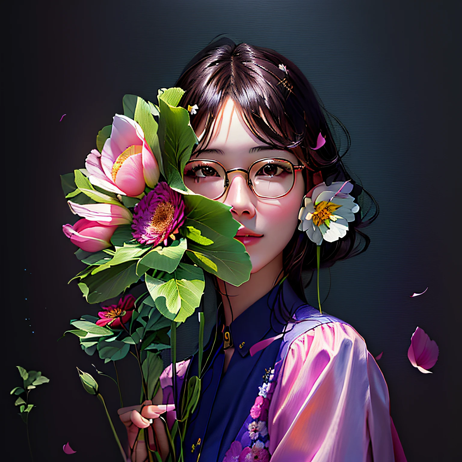 There was a woman with glasses holding a bouquet of flowers, Guviz-style artwork, With glasses, wearing thin large round glasses, Guviz, high quality portrait, female portrait with flowers, korean artist, with square glasses, By Li Song, With flowers, beautiful portrait image, Realistic. Cheng Yi, inspired by Yanjun Cheng