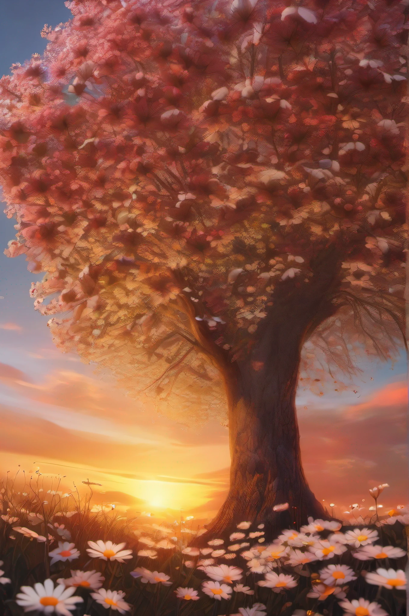 A huge daisy tree, (The trees are full of daisy flowers:1.3), Close-up details that embody hope, fantasy, Vitality, and treatment. Shades of gold and red fill the sky, Give comfort and good luck. With 8K resolution and HD, The scene promises a message of beauty and good wishes.