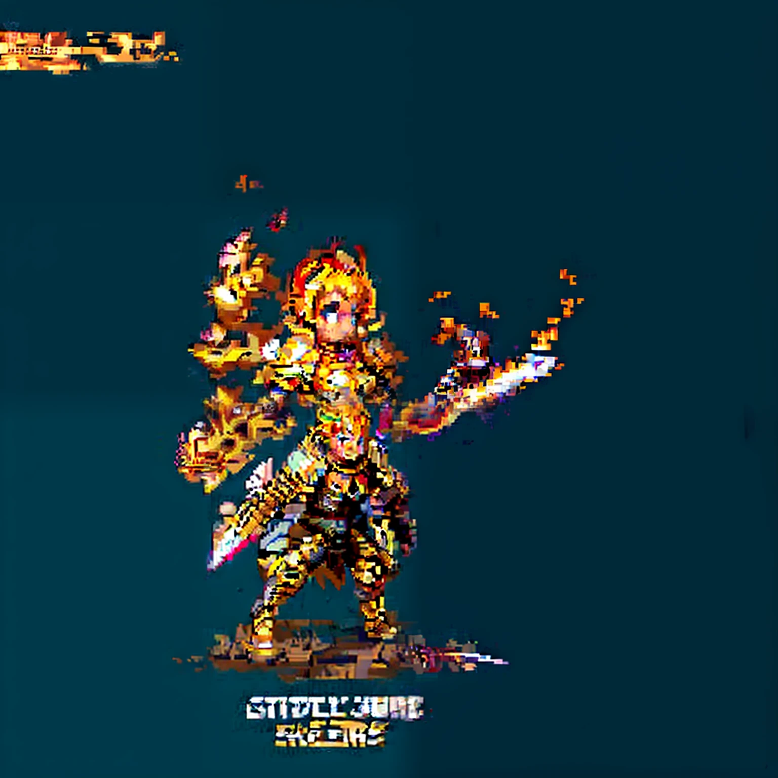 pixel art, character sprite, angel, blonde , white wings, wearing a golden armor, holding a flaming sword, attackieg pose