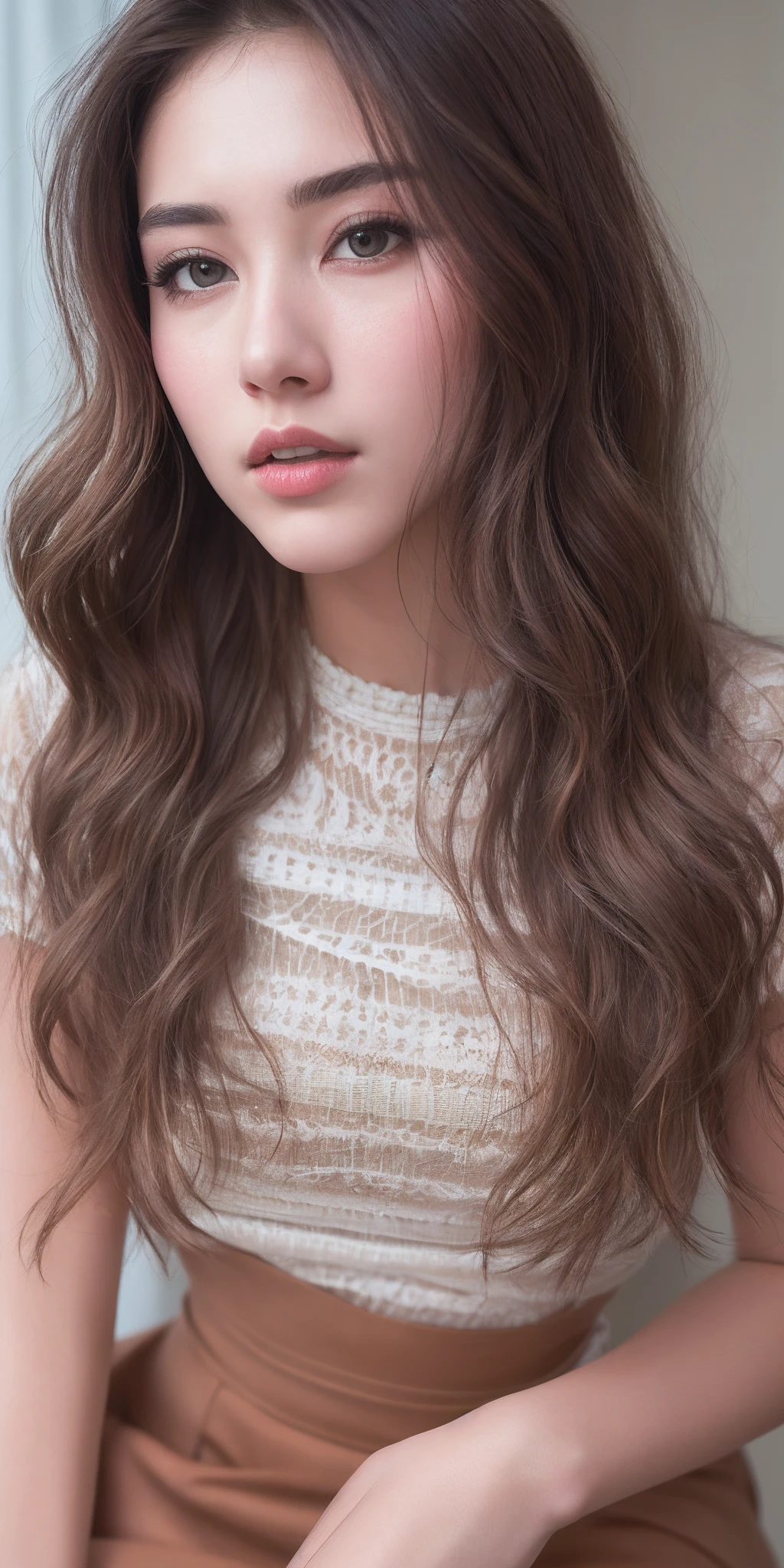 Photo of 21 year old girl, (brown hair with extra long wavy), ((portrait)), (Detailed face: 1.2)), (Detailed facial features)), (Fine skin), pale skin, high detail and deep cleavage, slim body, (cold color), reflection, (masterpiece) (Perfect proportions) (realistic photos) (highest quality), shot with Canon EOS R5, 50mm lens, f/2.8, HDR, (8k) (wallpaper) (movie lighting) (dramatic lighting) (sharp focus) (complex), (blouse, mini flared pastel skirt, heels), ((full body shot)), (studio background), ((from below))