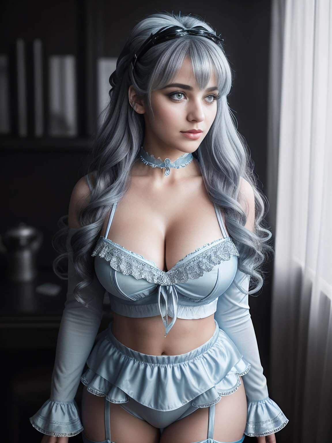 Full body of a Syrian WOMAN, light blue curly  hair, various hair styles, silver French maid outfit with long sleeves and side cut skirt, big boobs, eyes happy look, looking to the side at viewer, natural skin texture, 24mm, 4k textures, bright cinematic light, RAW photo, photorealism, photorealistic, intricate, elegant, highly detailed, sharp focus, ((((((cinematic look)))), soft tones, insane details, intricate details, hyperdetailed, low contrast, soft cinematic light, bright colors, exposure mix,  hdr, front side  view angle, full body head to toe, hand on breast, wearing choker, thick thighs, over the knees socks