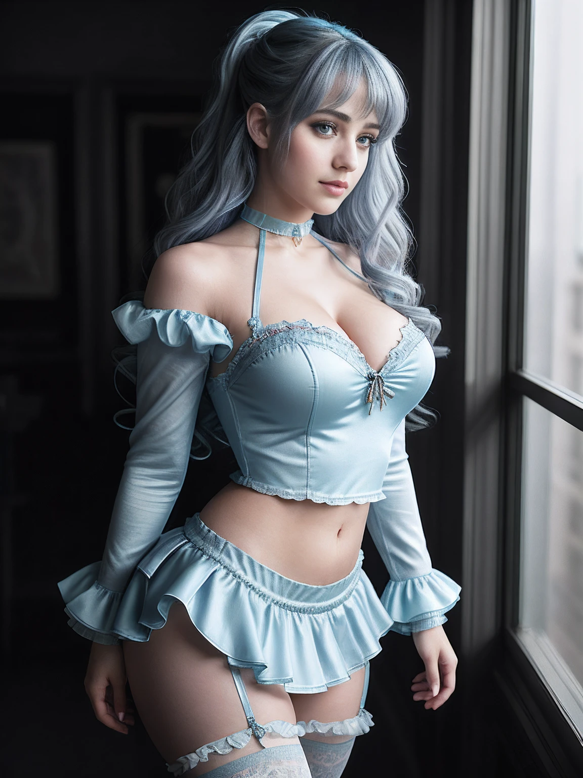 Full body of a Syrian WOMAN, light blue curly hair, various hair styles, silver French maid outfit with long sleeves and side cut skirt, big boobs, eyes happy look, looking to the side at viewer, natural skin texture, 24mm, 4k textures, bright cinematic light, RAW photo, photorealism, photorealistic, intricate, elegant, highly detailed, sharp focus, ((((((cinematic look)))), soft tones, insane details, intricate details, hyperdetailed, low contrast, soft cinematic light, bright colors, exposure mix, hdr, front side view angle, full body head to toe, hand on breast, wearing choker, thick thighs, over the knees socks