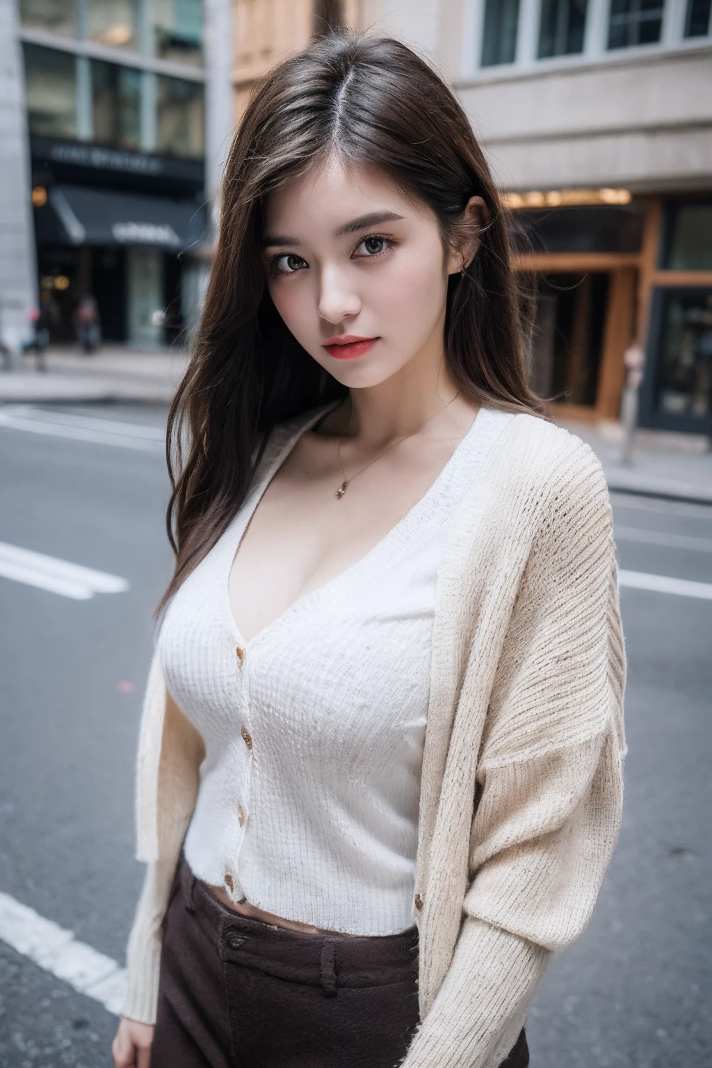 ((Best quality, 8k, Masterpiece :1.3)), Sharp focus :1.2, 1girl, Pretty woman with perfect figure :1.4, Slender abs :1.1, ((Dark brown hair, Huge breasts :1.3)), (White cardigan, Shorts :1.3), (Night :1.1), City street, Ultra-detailed face, Detailed eyes, Double eyelid