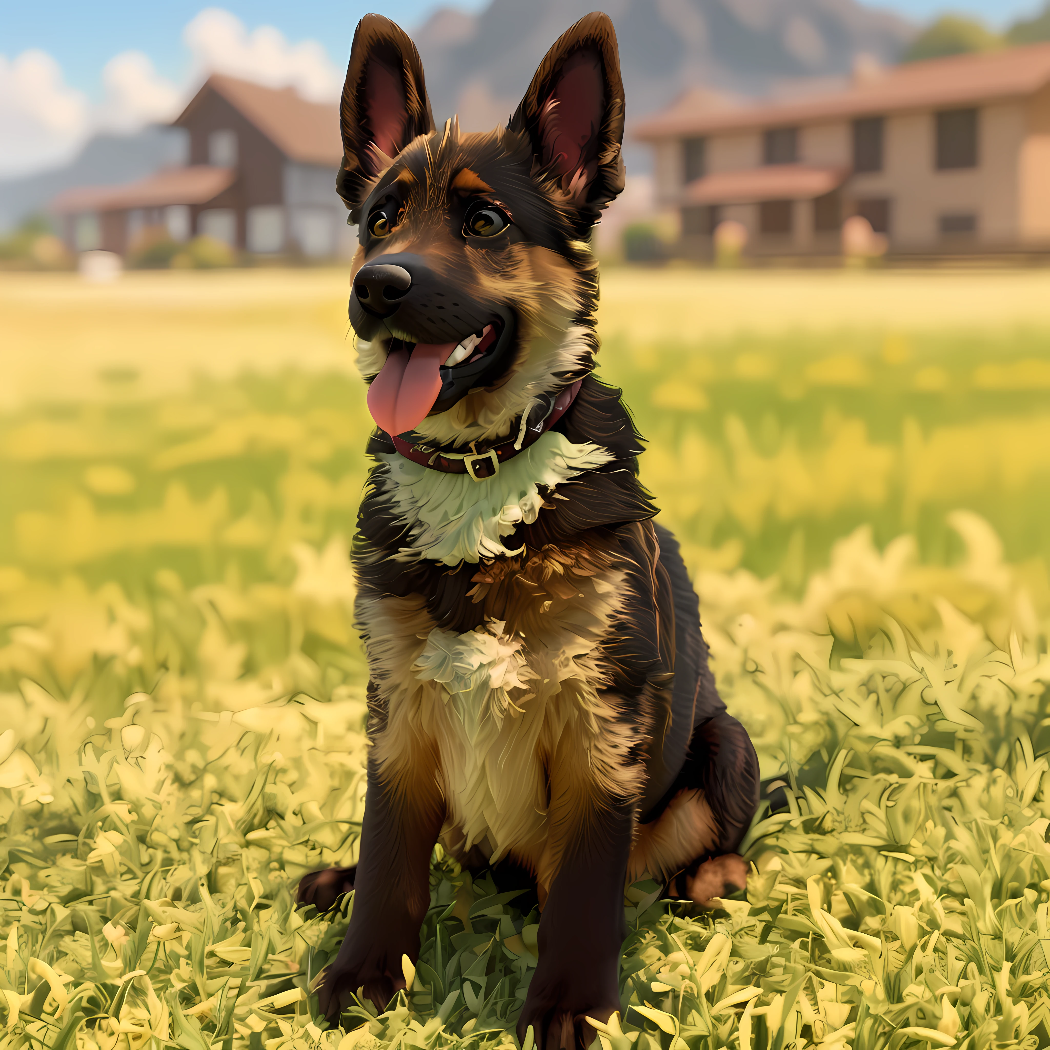 There is a black and brown dog sitting in the grass, Alsatian, cara expresiva,