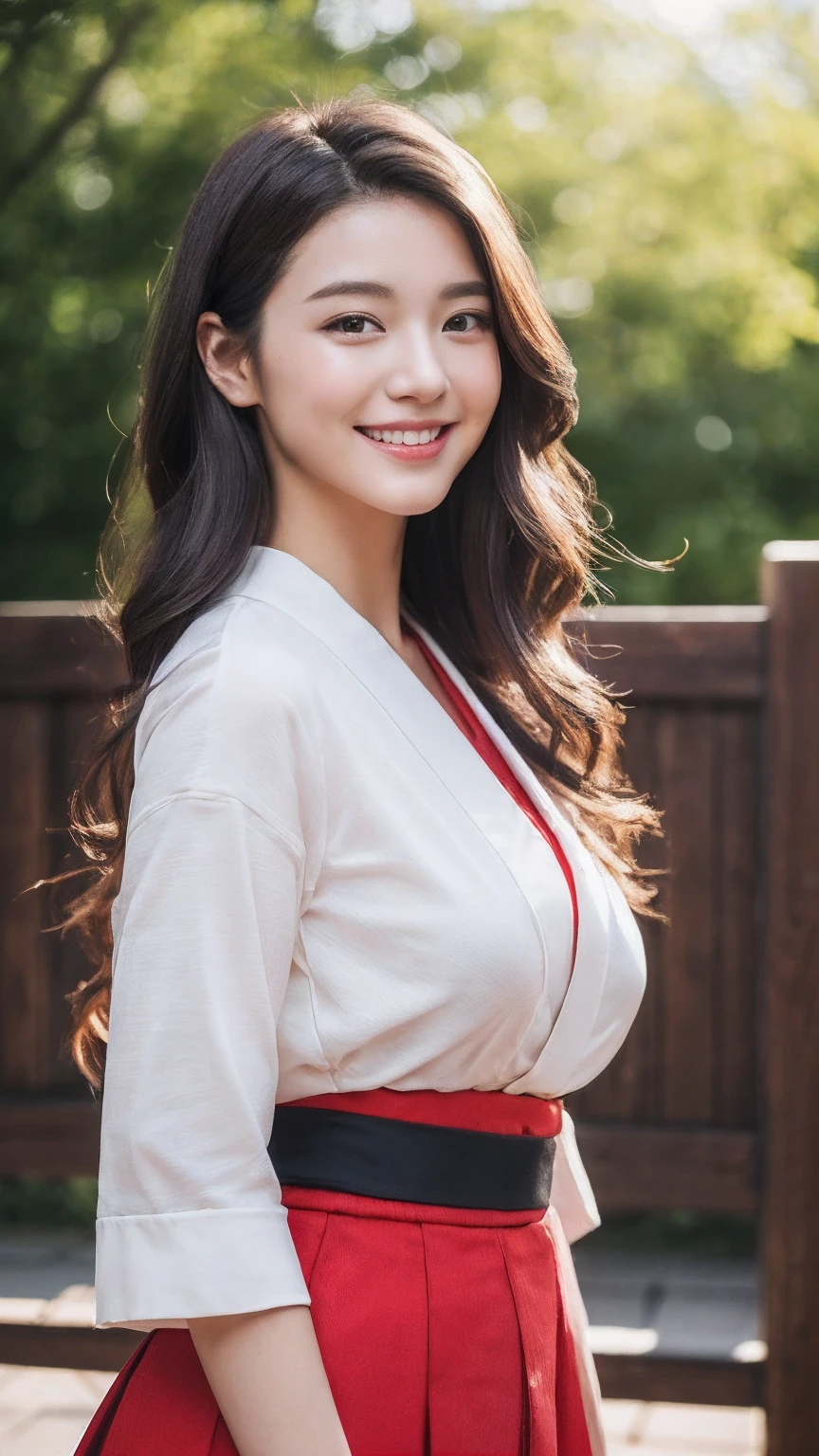 (​masterpiece:1.3), (in 8K, Photorealsitic, Raw photography, Top image quality: 1.4), japanes, (1girl in), beauitful face, (Lifelike face), (A dark-haired, long:1.3), Beautiful hairstyle, Realistic eyes, Beautiful eyes, (real looking skin), Beautiful skin, enticing, 超A high resolution, A hyper-realistic, high-detail, the golden ratio, Detal Face,see the beholder,middlebreasts、lightsmile、(top-quality), (ultra-detailliert), (The best illustrations), (Best Shadows), (realisitic), (pureerosface_v1:0.5), lensflare, (depth of fields), (natural soft light), 超A high resolution, (eye detailed), ((A charming smile)), (brunette) , (exposed breast), (hakama、a red skirt)、（torii gate、temple）