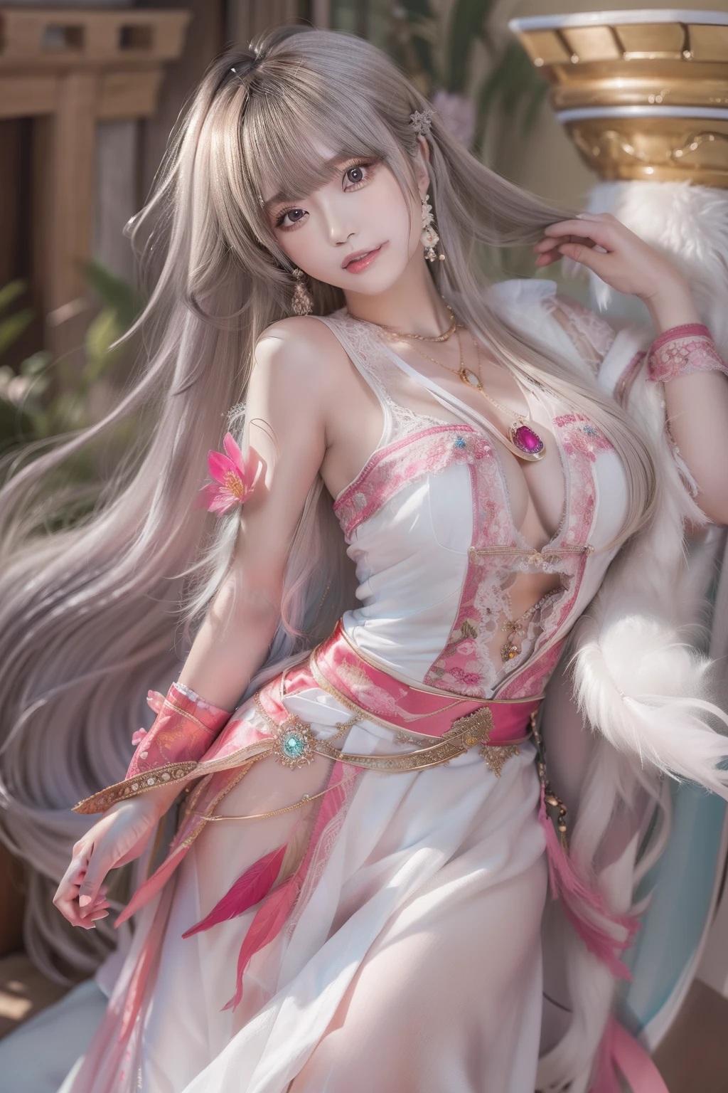 (best quality),((masterpiece)),(highres), original, (extremely detailed 8K wallpaper), overexposure,1girl,(medium breasts),(an extremely delicate and beautiful),(Beautiful and detailed eye description)，(Beautiful and detailed facial depiction),(solo),(upper body),arms behind back,Rainskirt,hair ornament, necklace, jewelry,earrings,chinese style architecture,wavy hair,messy hair,swept bangs,, masterpiece, best quality,transparent feather coat,kawaii's face,anime,(harem outfit),full body,;d,